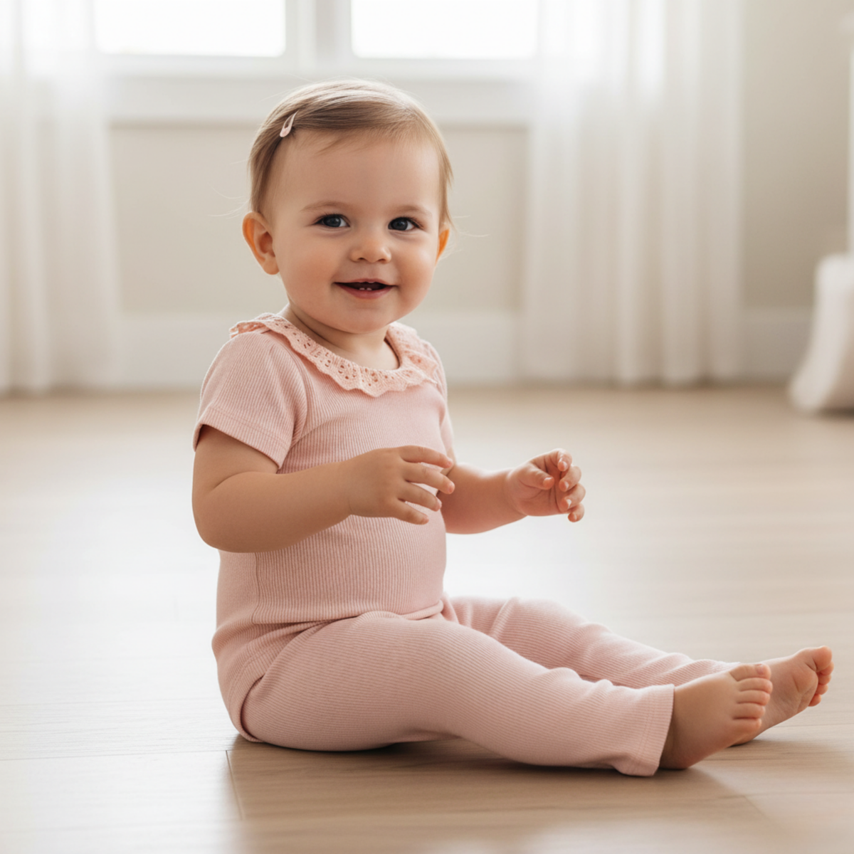 Baby in a pink outfit with a ruffle collar sitting on a wooden floor with a blurred background