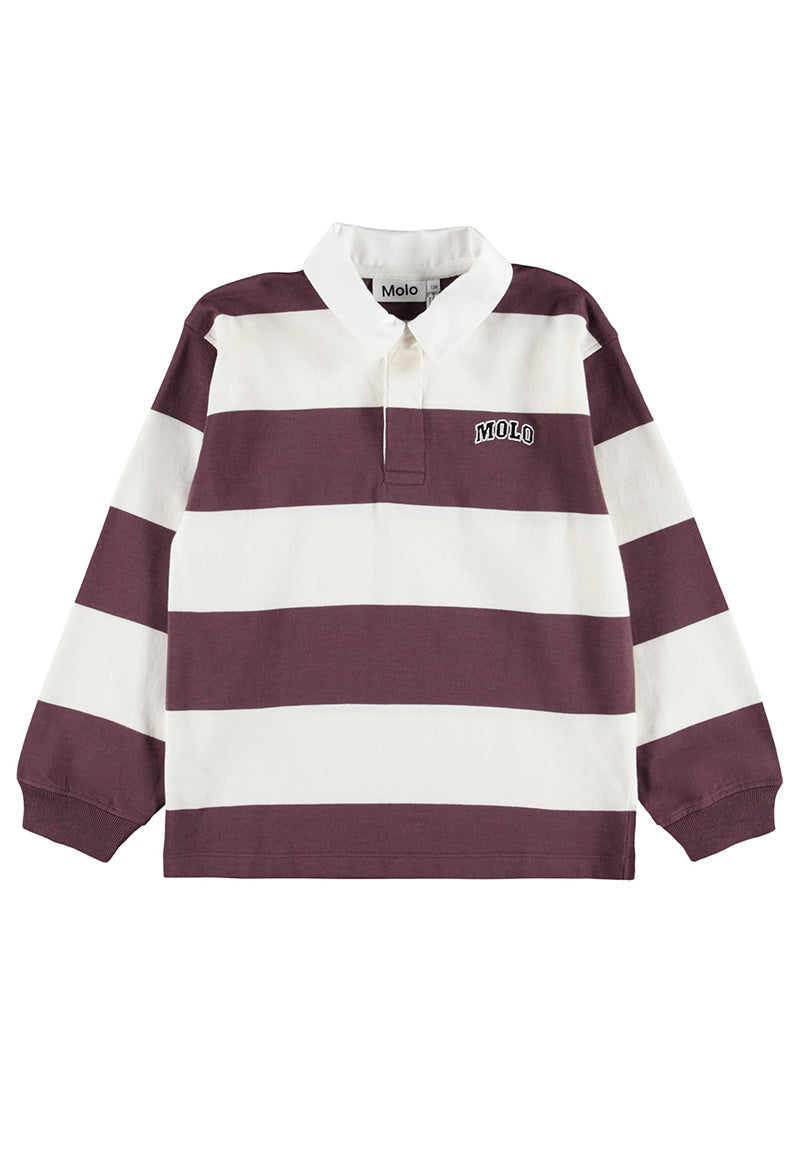 Maroon and white striped rugby shirt with 'MOLO' logo on a white background