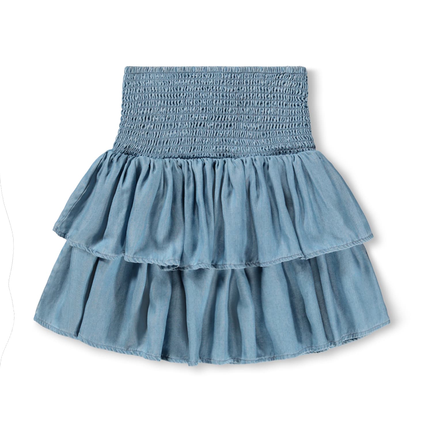 Blue denim skirt with ruffled layers on a white background