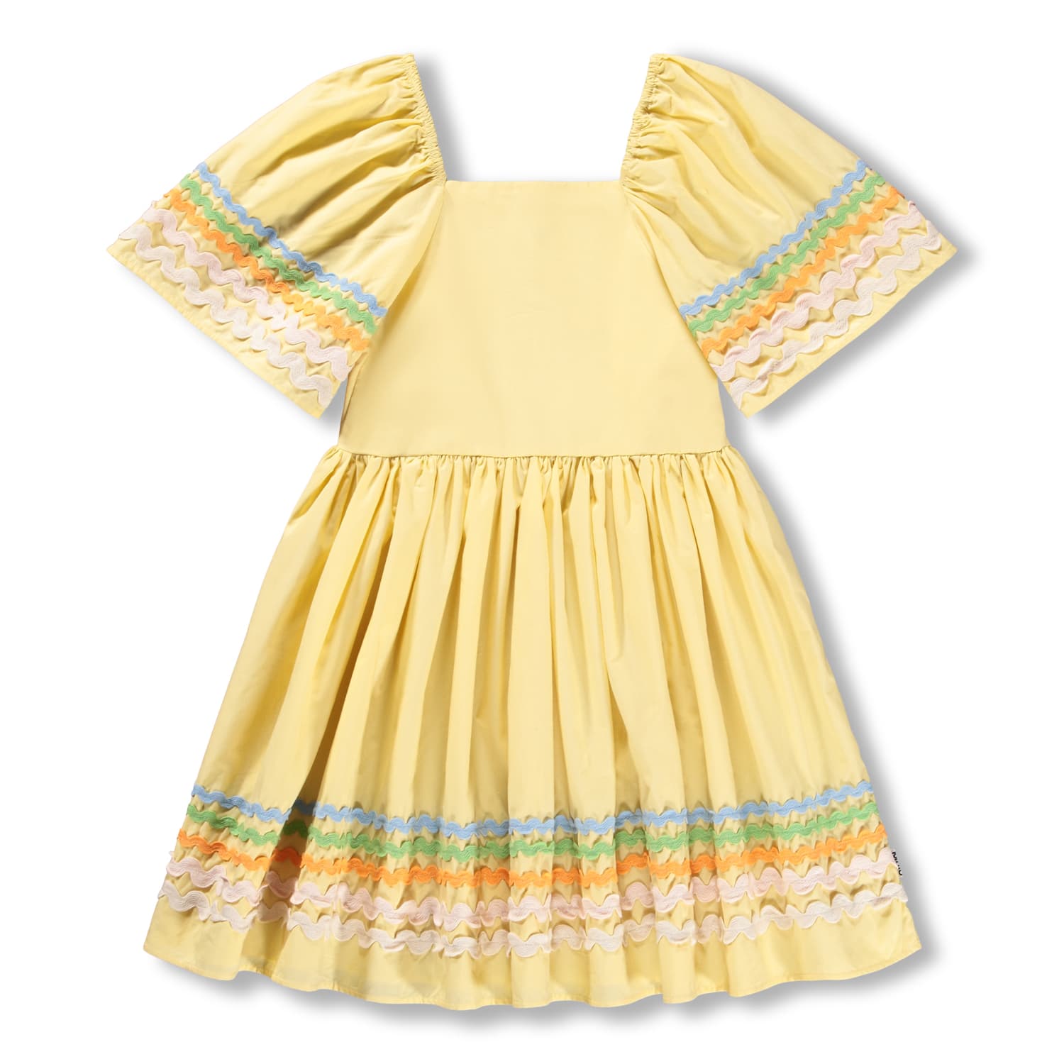 Yellow dress with colorful trim on a white background