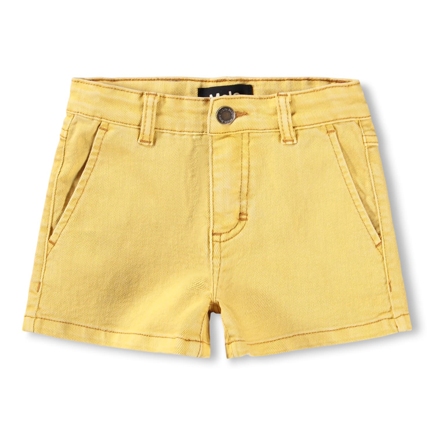 Yellow denim shorts on a white background