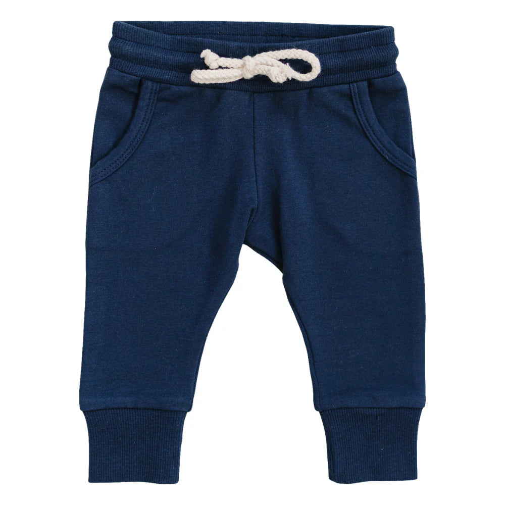Blue baby jogger pants with a white rope drawstring and pockets on a white background