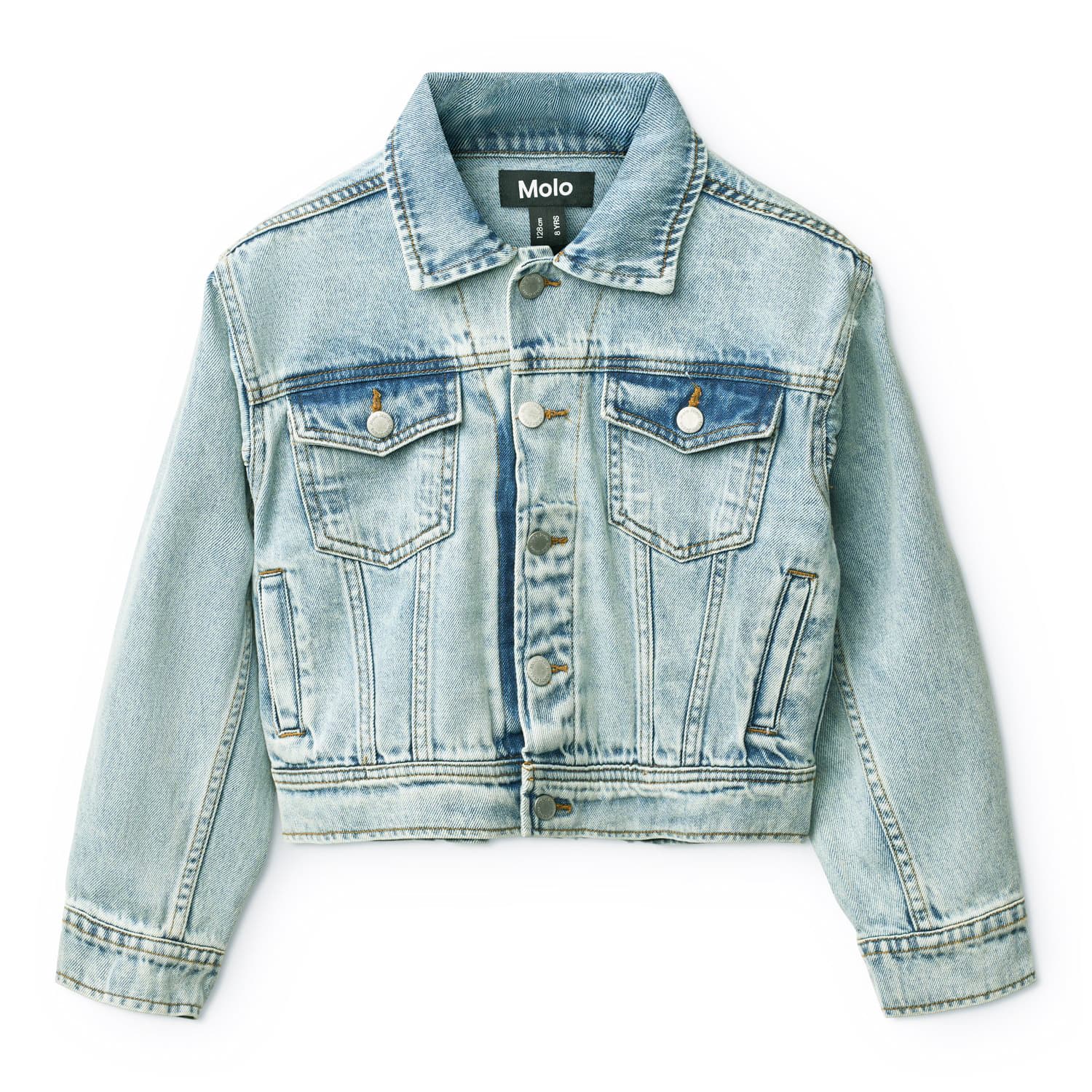 Light blue denim jacket on a white background