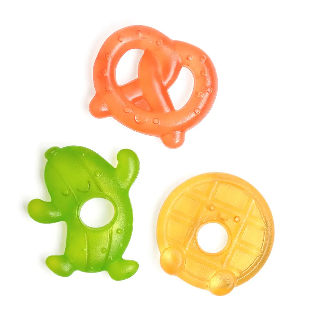 Three colorful baby teething toys on a white background