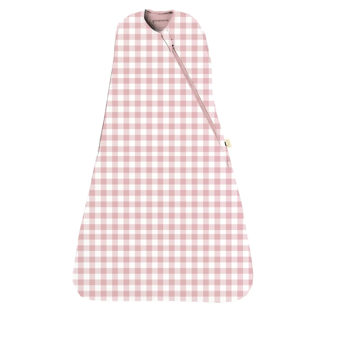 Pink and white gingham baby sleep sack on a white background