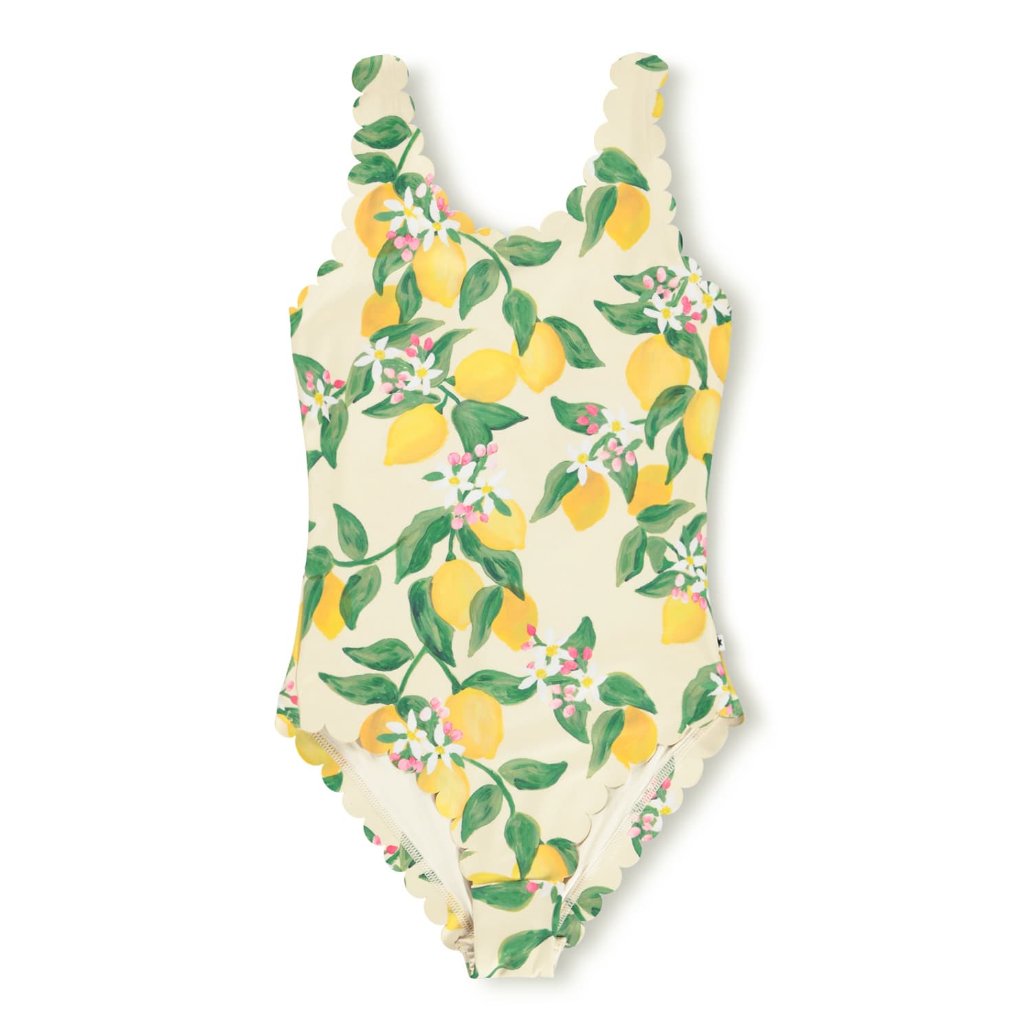 One-piece swimsuit with lemon and leaf pattern on a white background