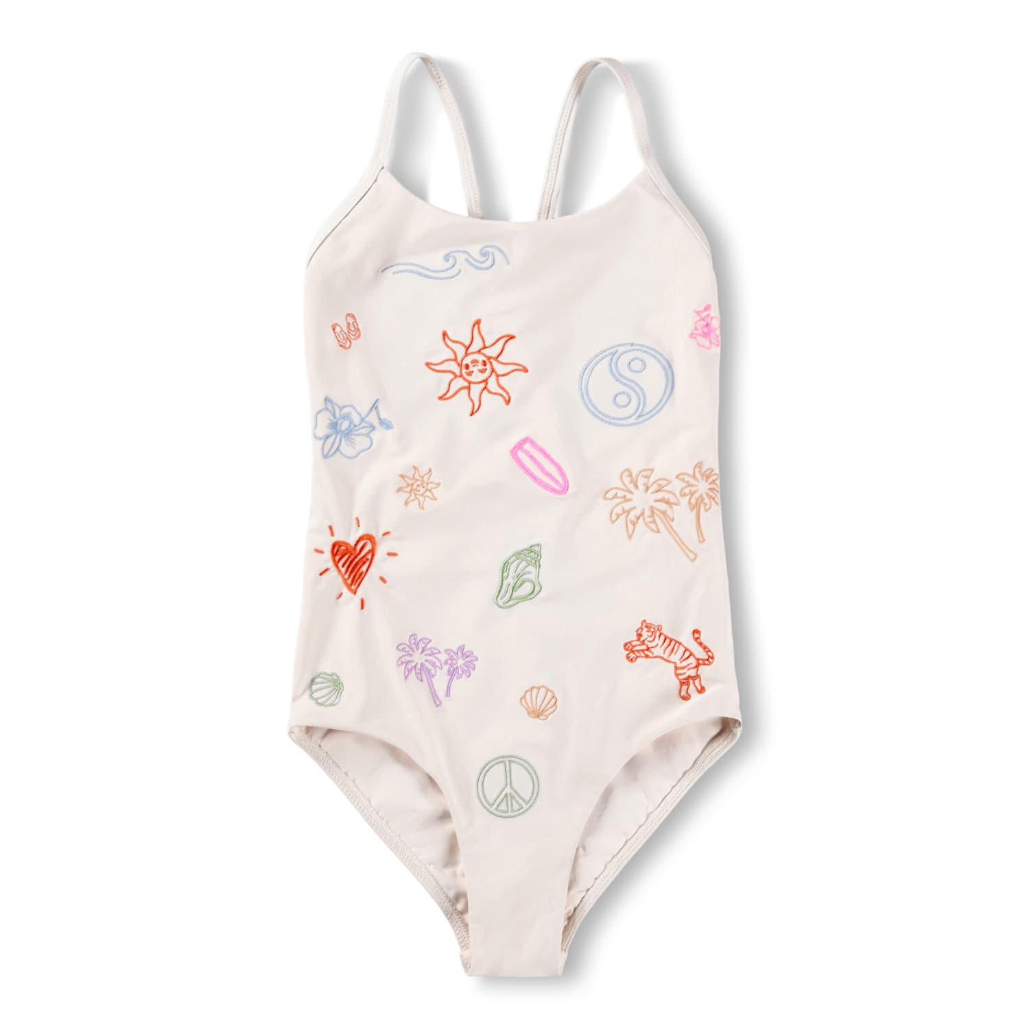 Children's swimsuit with colorful sea-themed graphics on a white background