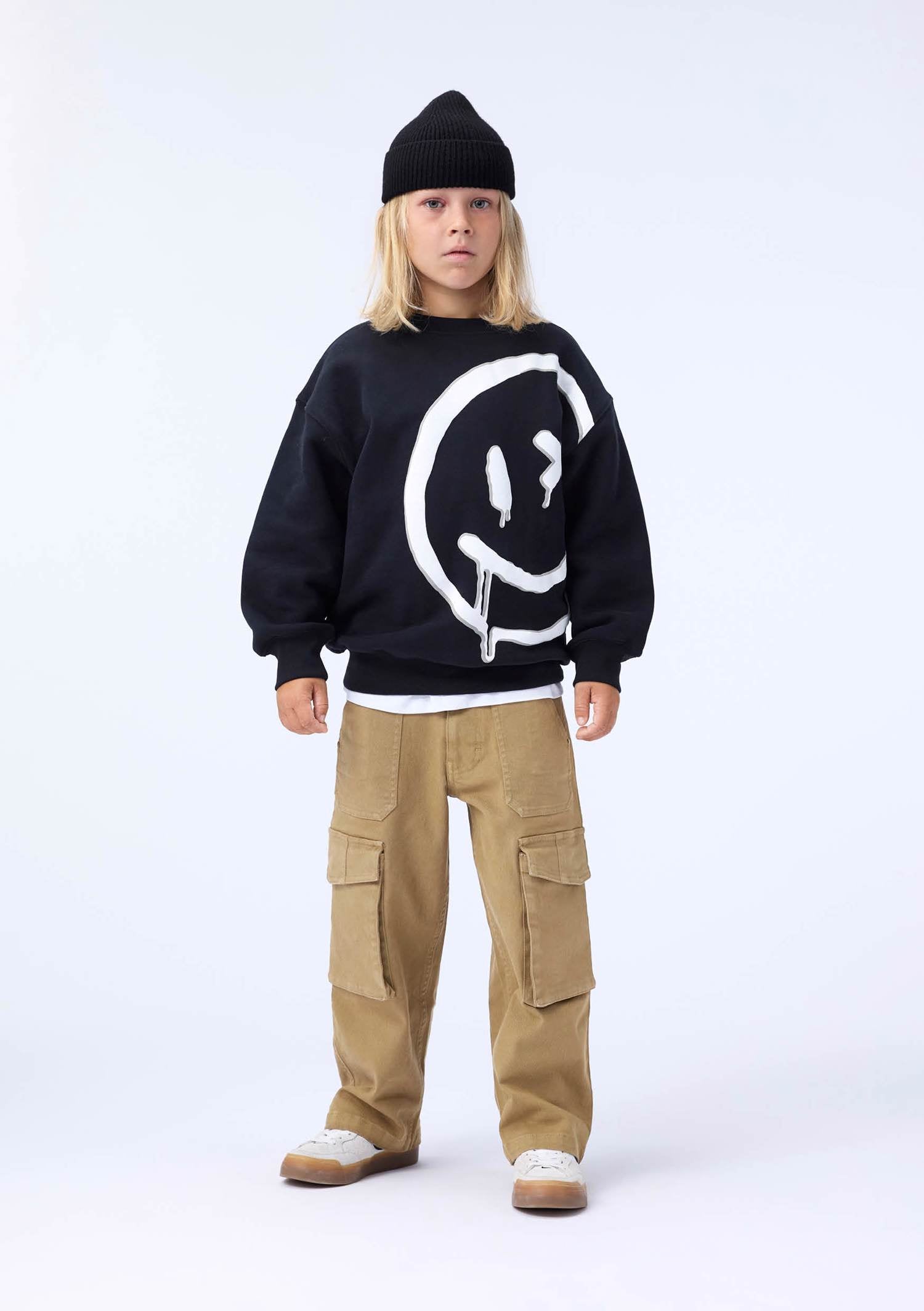 Black Crewneck with Big White Smiley Face