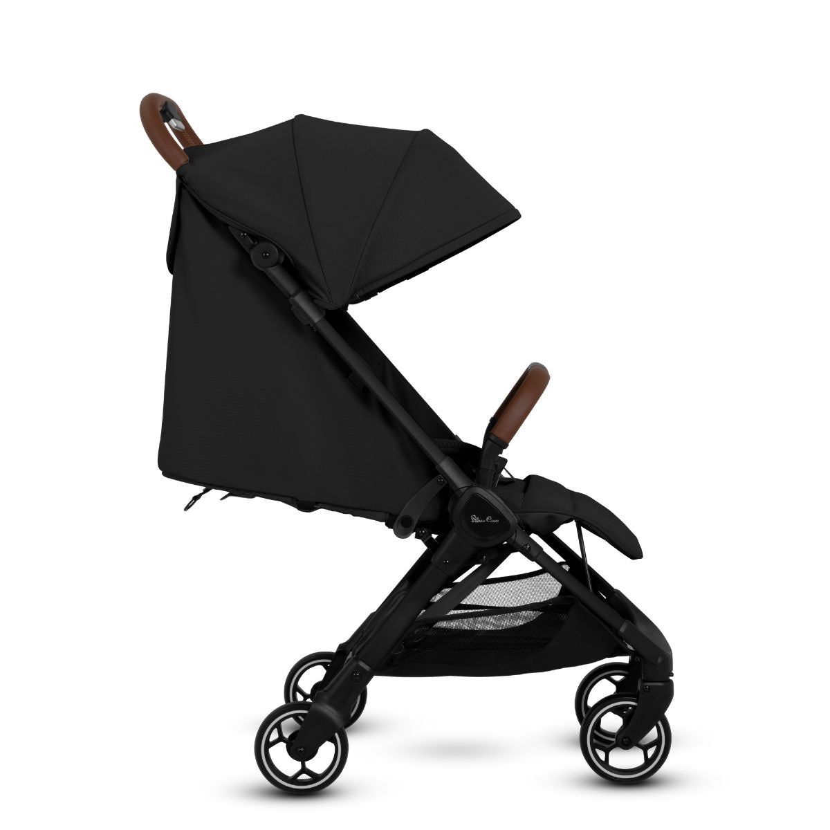 Black stroller with Leather handles on a white background