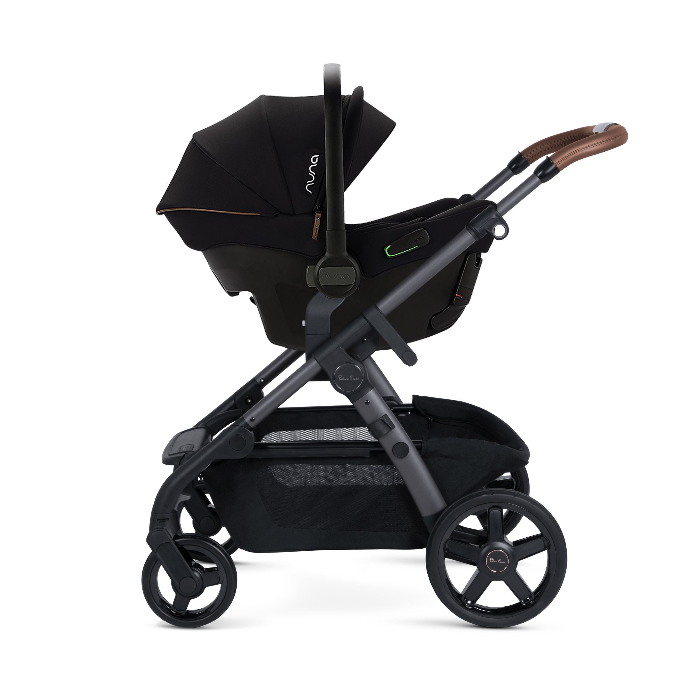 Black stroller with canopy on carseat