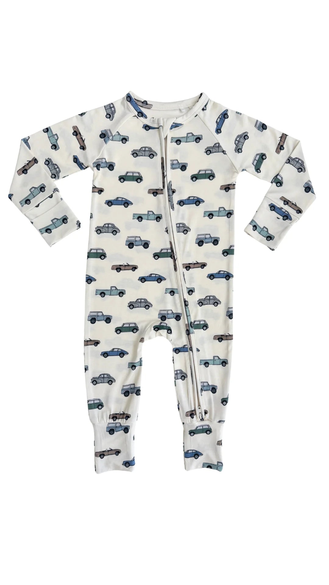 two way zipper bamboo pajama with blue and grey cars and trucks