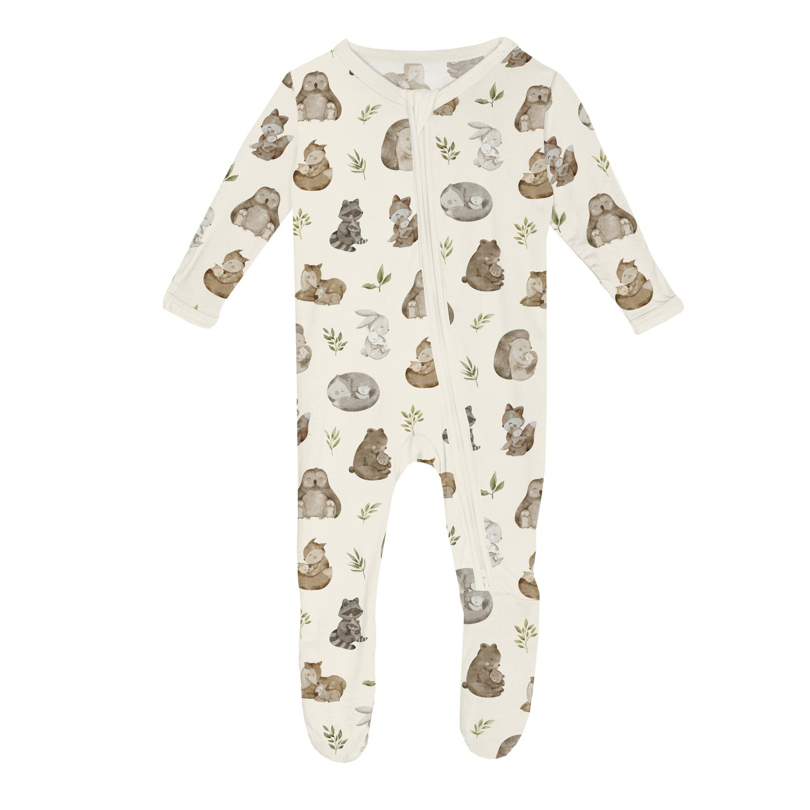 Baby onesie with an animal pattern on a white background