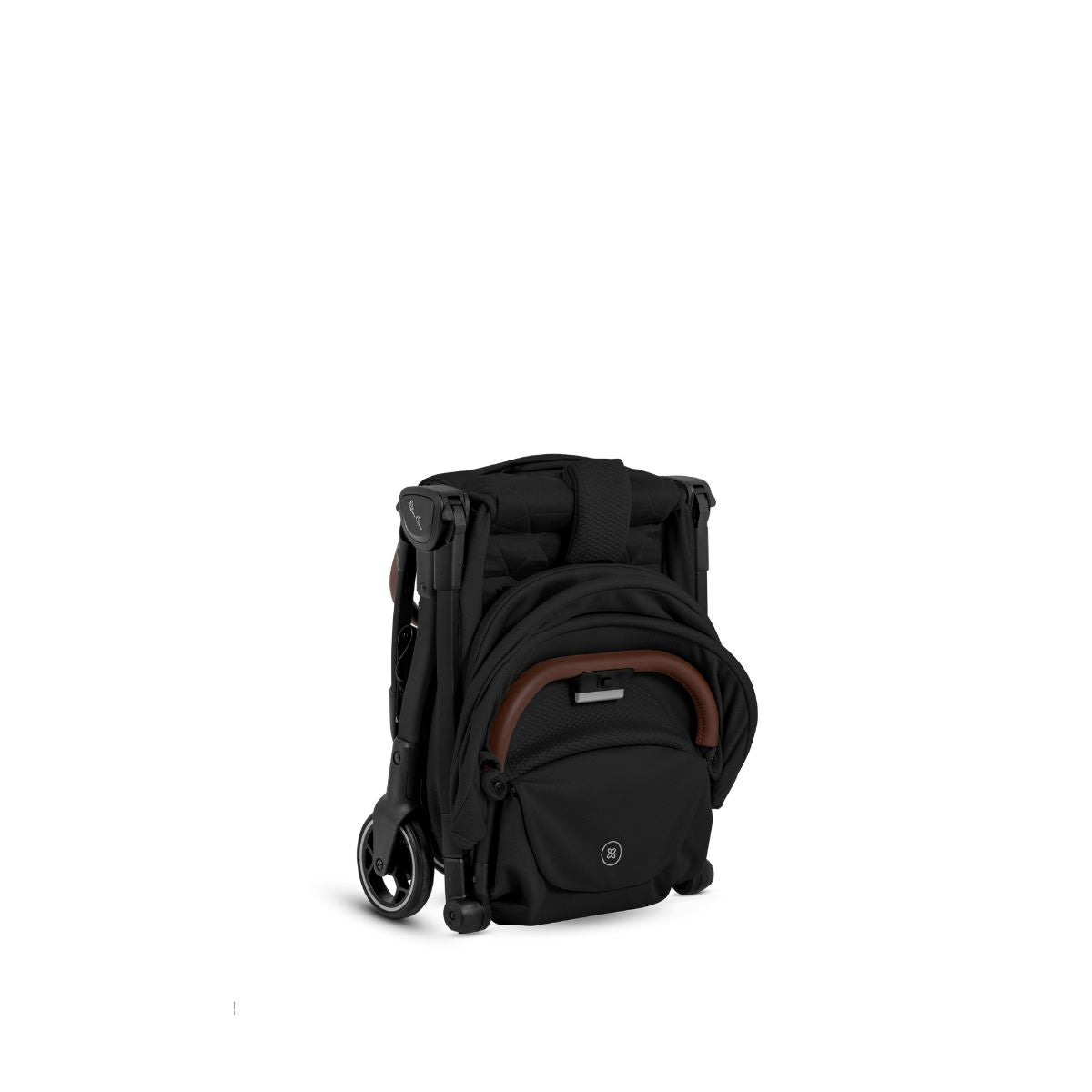 Black backpack with brown accents on a white background