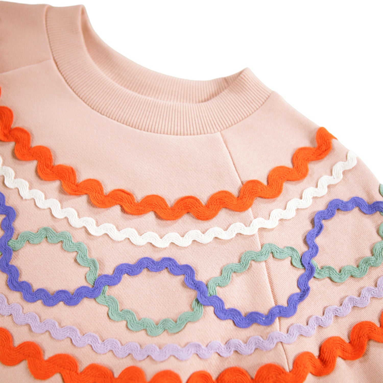 Pink Crewneck with Orange White Blue and Green Embroider Design
