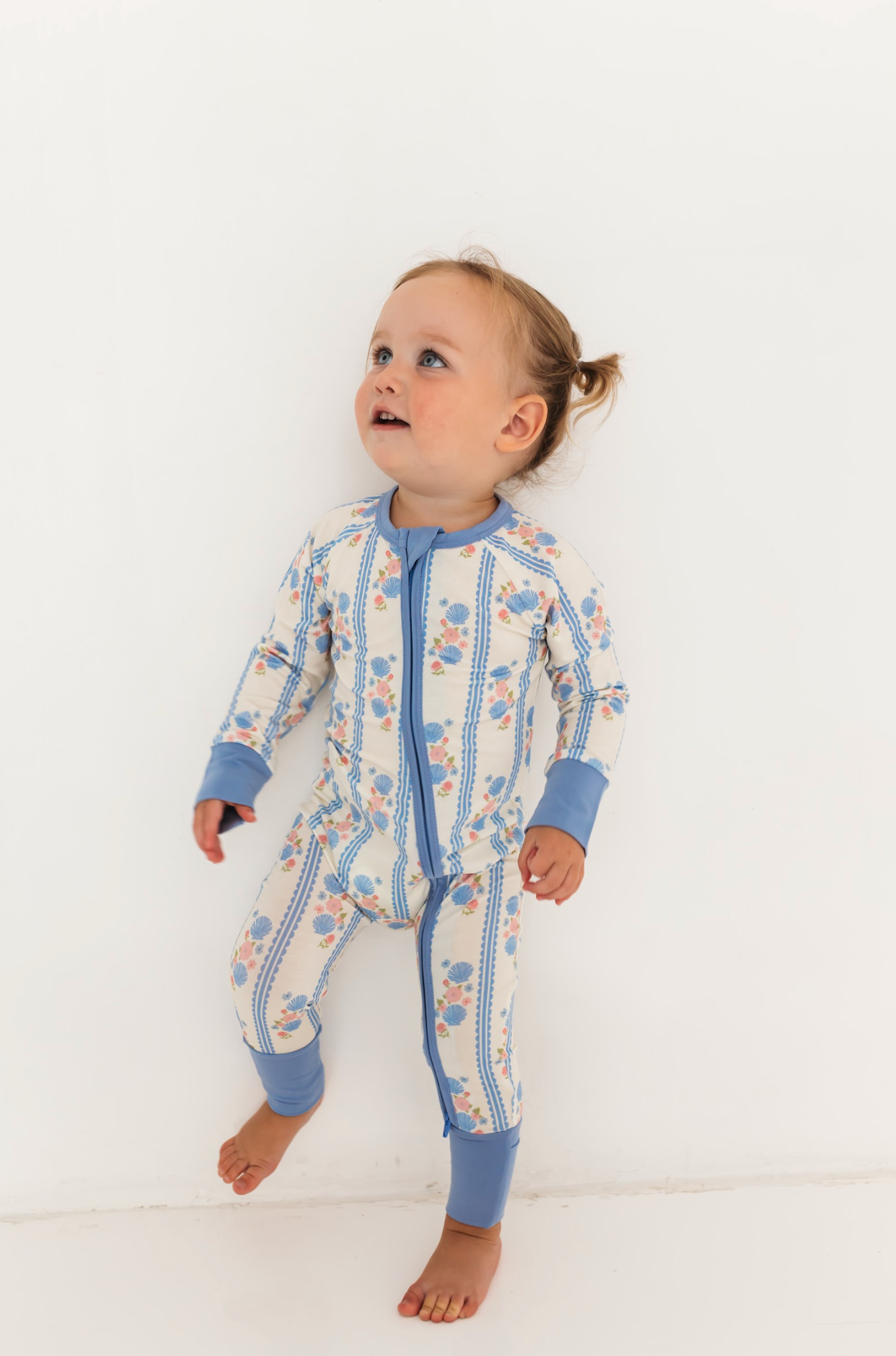 Pink and Blue Seashell Pajama Romper with Two Way Zipper