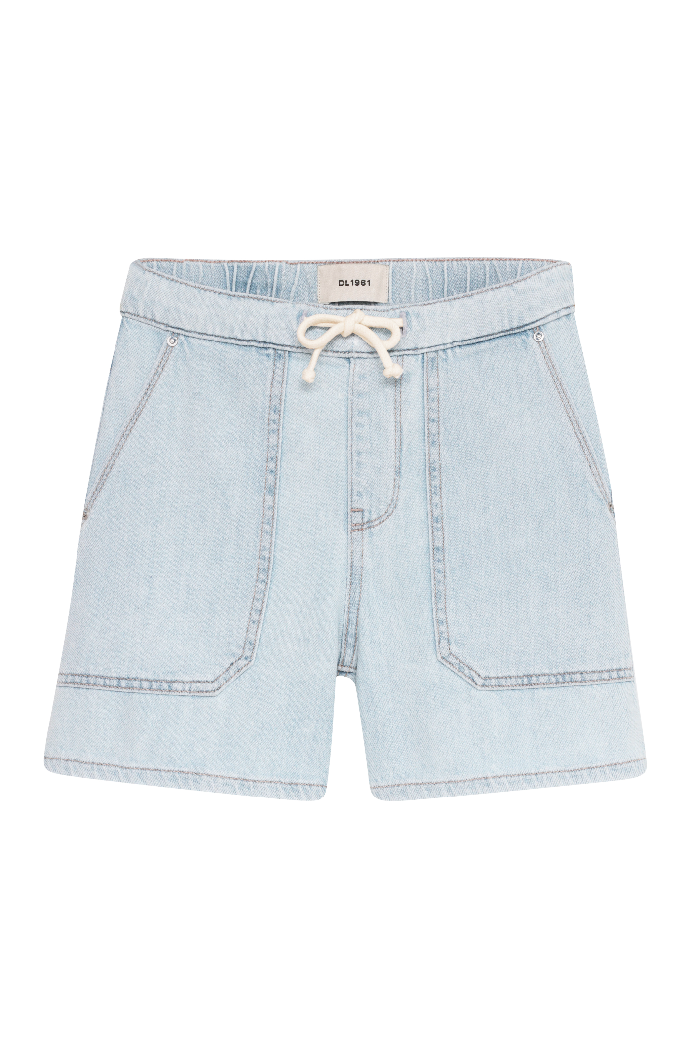 Light blue denim shorts with a drawstring on a white background
