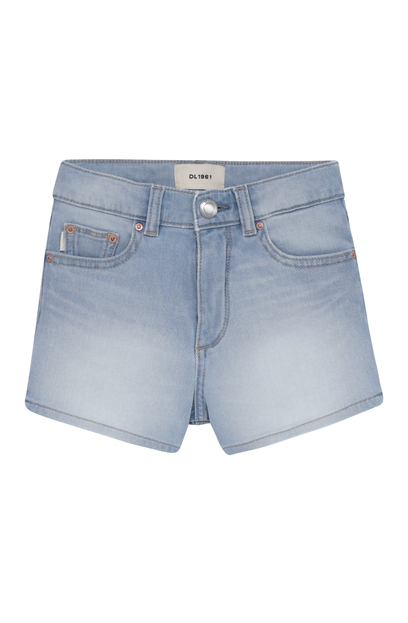 Light blue denim shorts on a white background