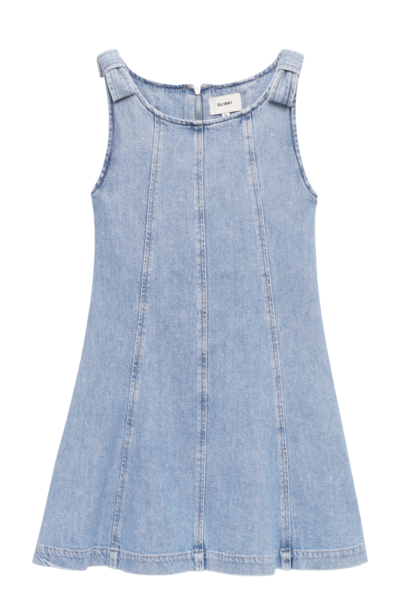 Light blue denim dress with bow sleeves on a white background