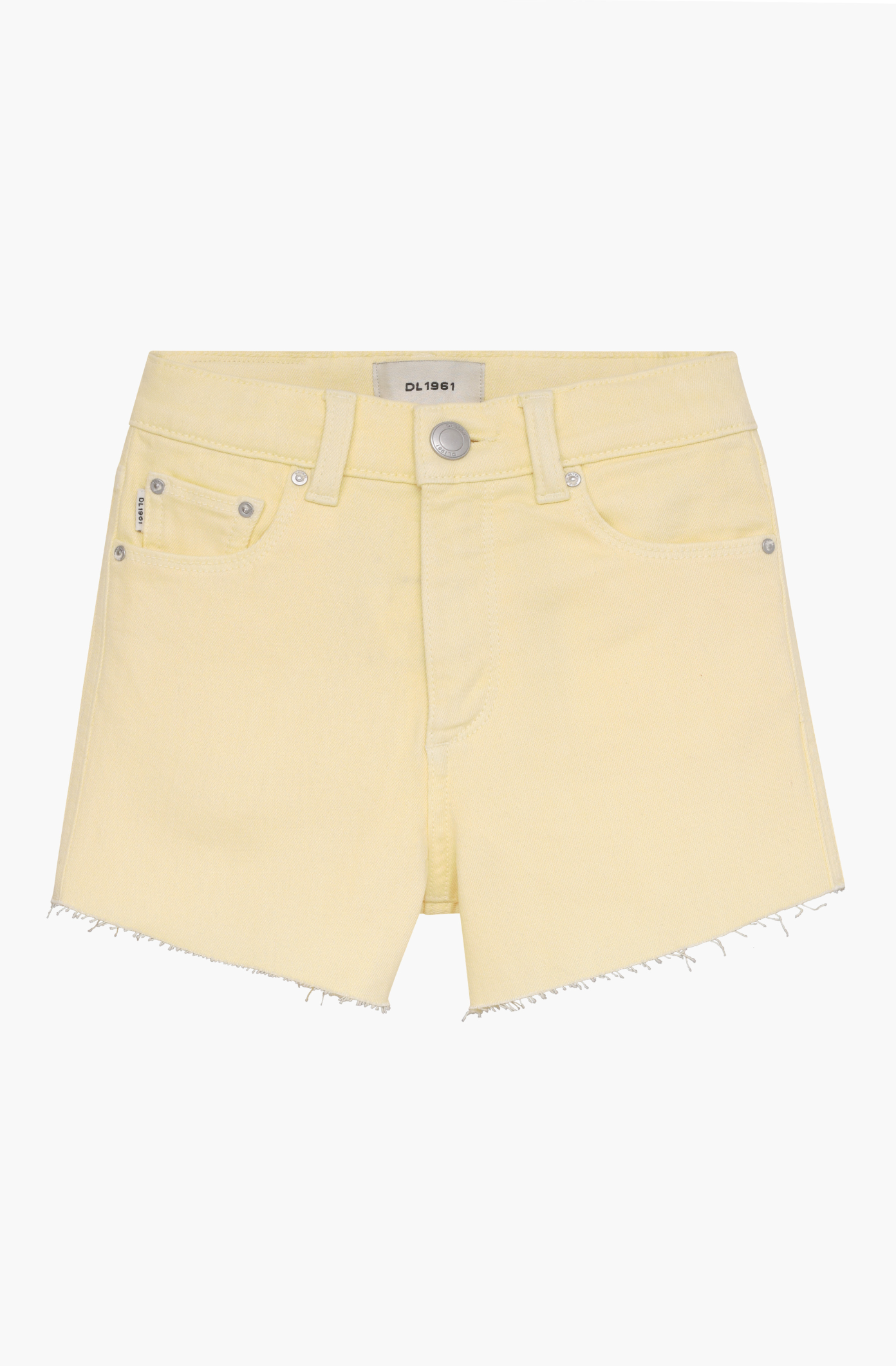 Light yellow denim shorts on a white background