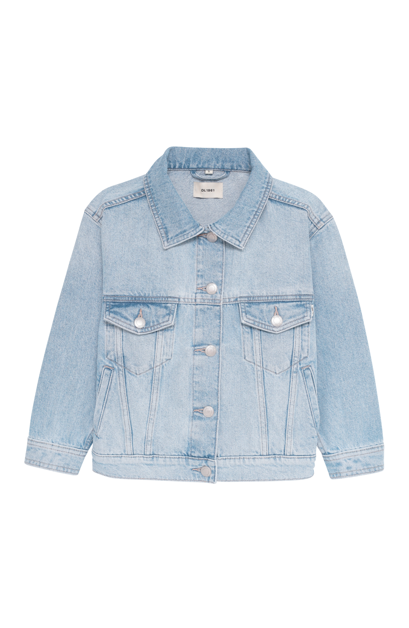Light blue denim jacket on a white background