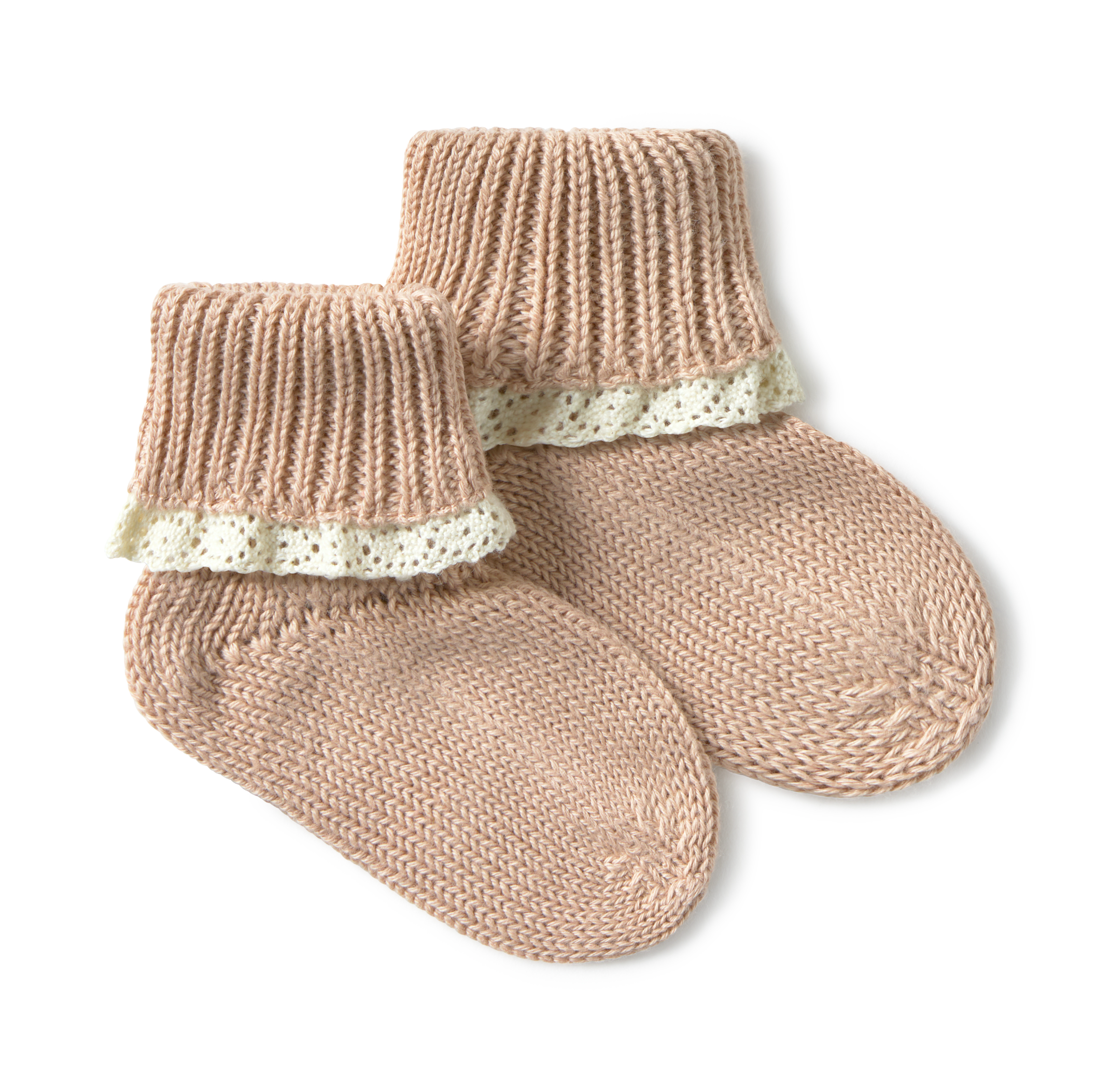 Pair of beige/pink knitted baby socks with lace trim on a white background