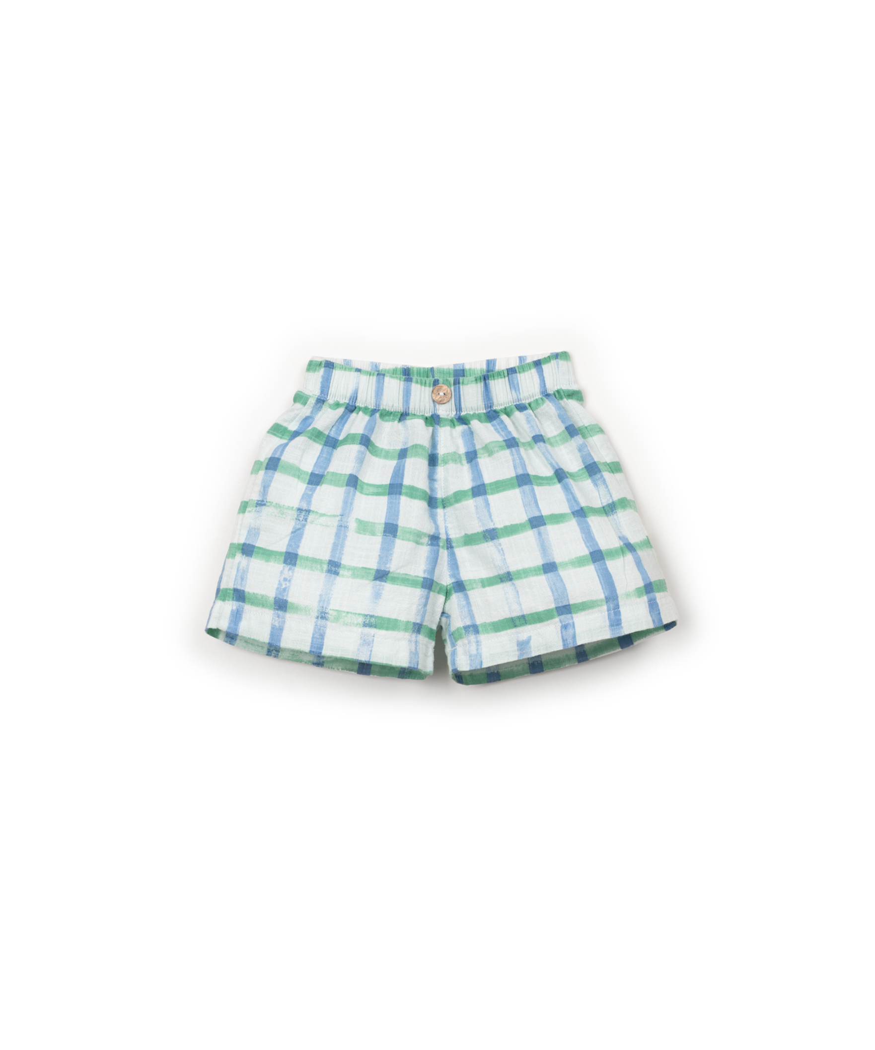 Green, white, and blue checkered shorts with a button detail on waistband