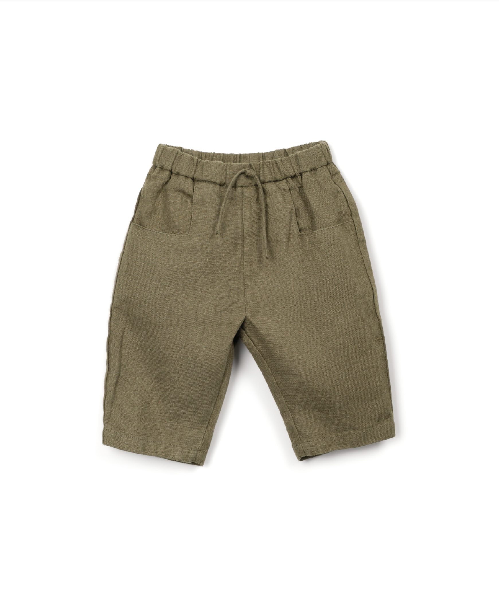 Green linen pants with drawstring waist on a white background
