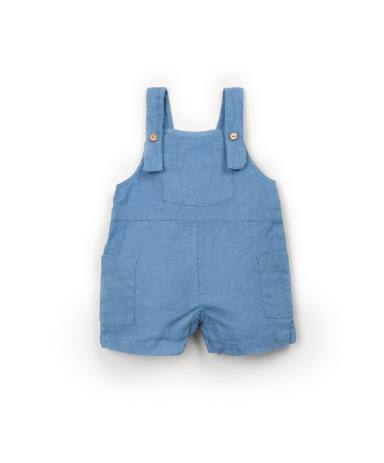 Blue linen overalls with adjustable straps and pockets