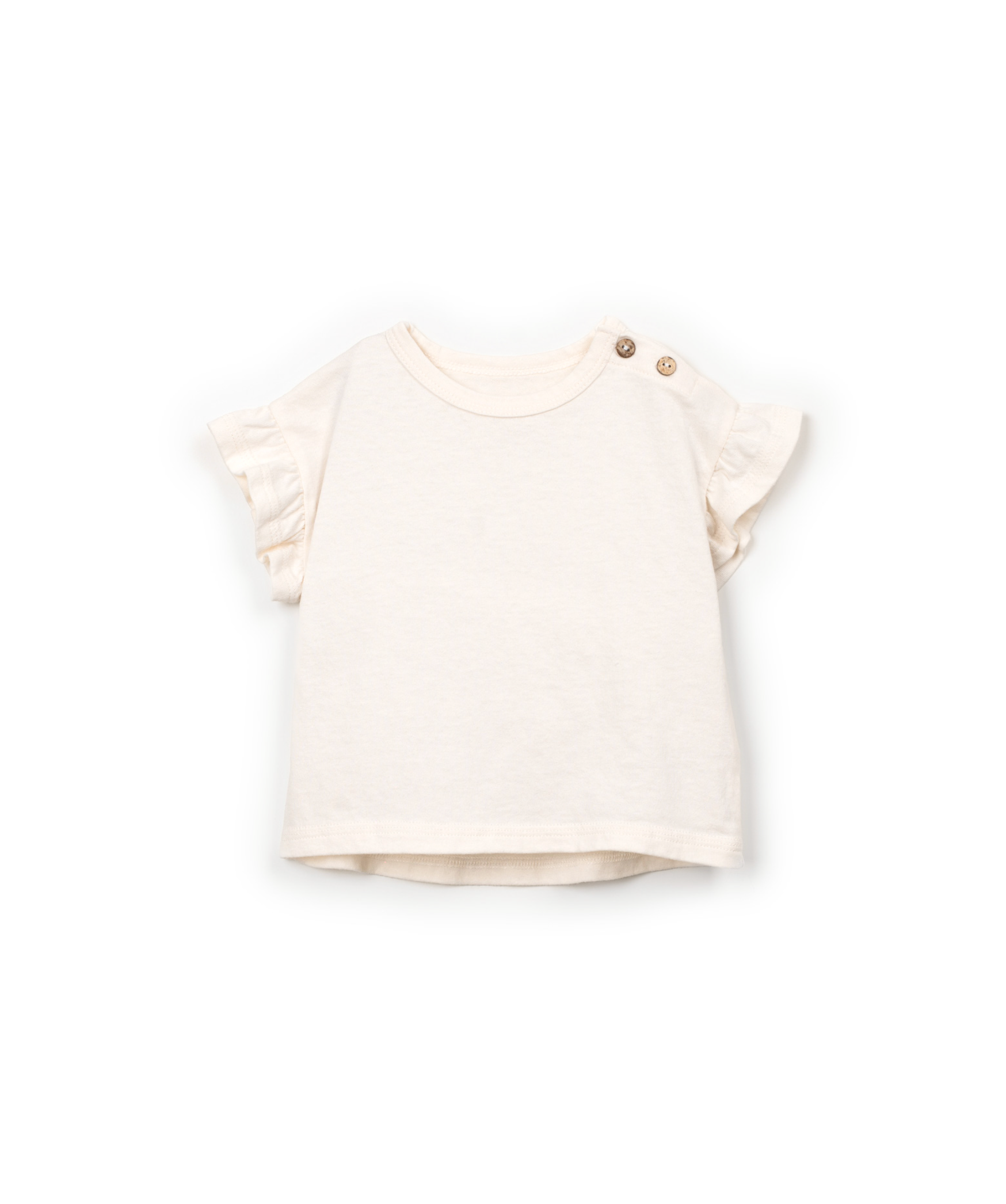 Beige flowy top with ruffled sleeves and button detailing on a white background