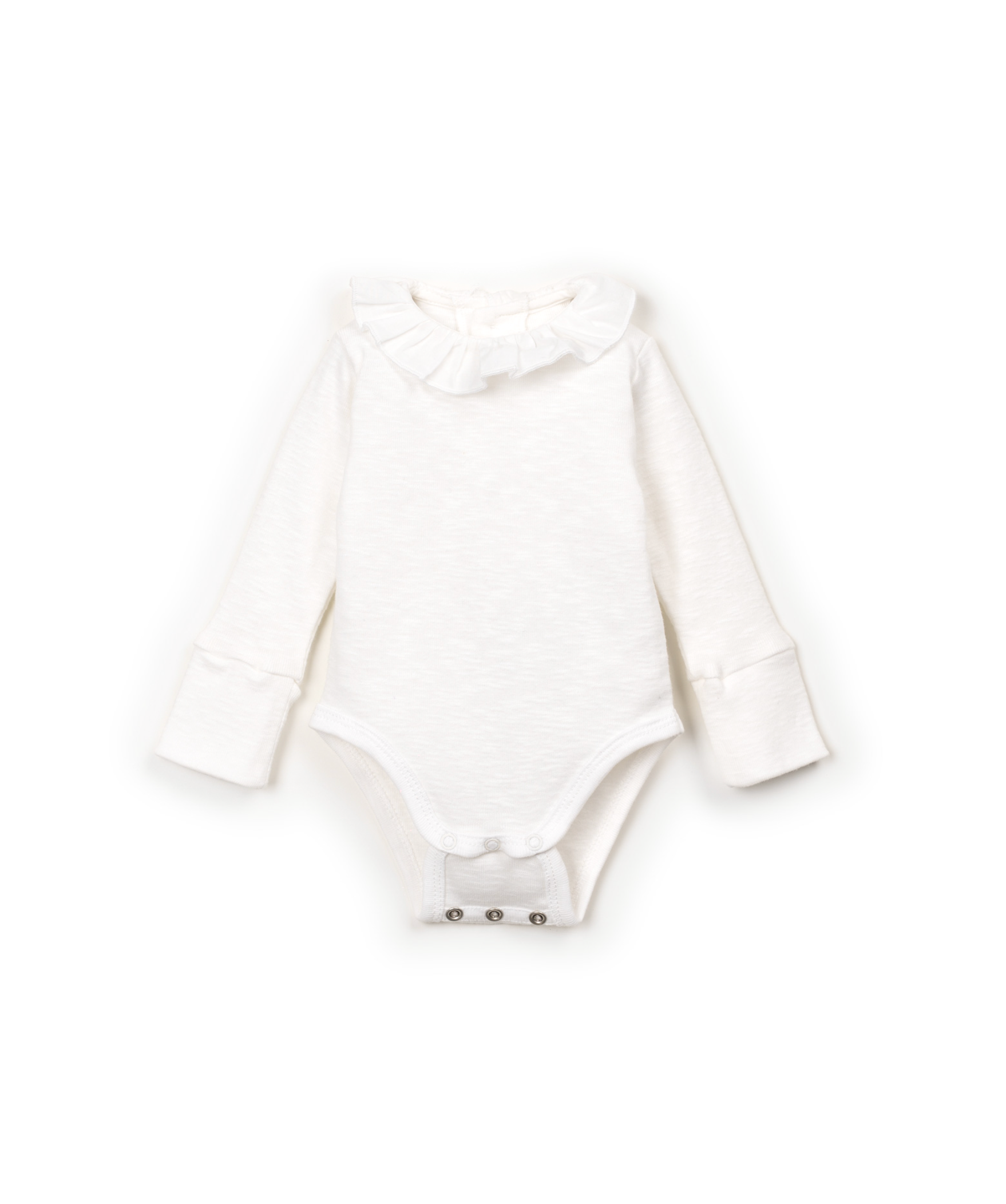 White baby romper with ruffled collar and button snaps on bottom