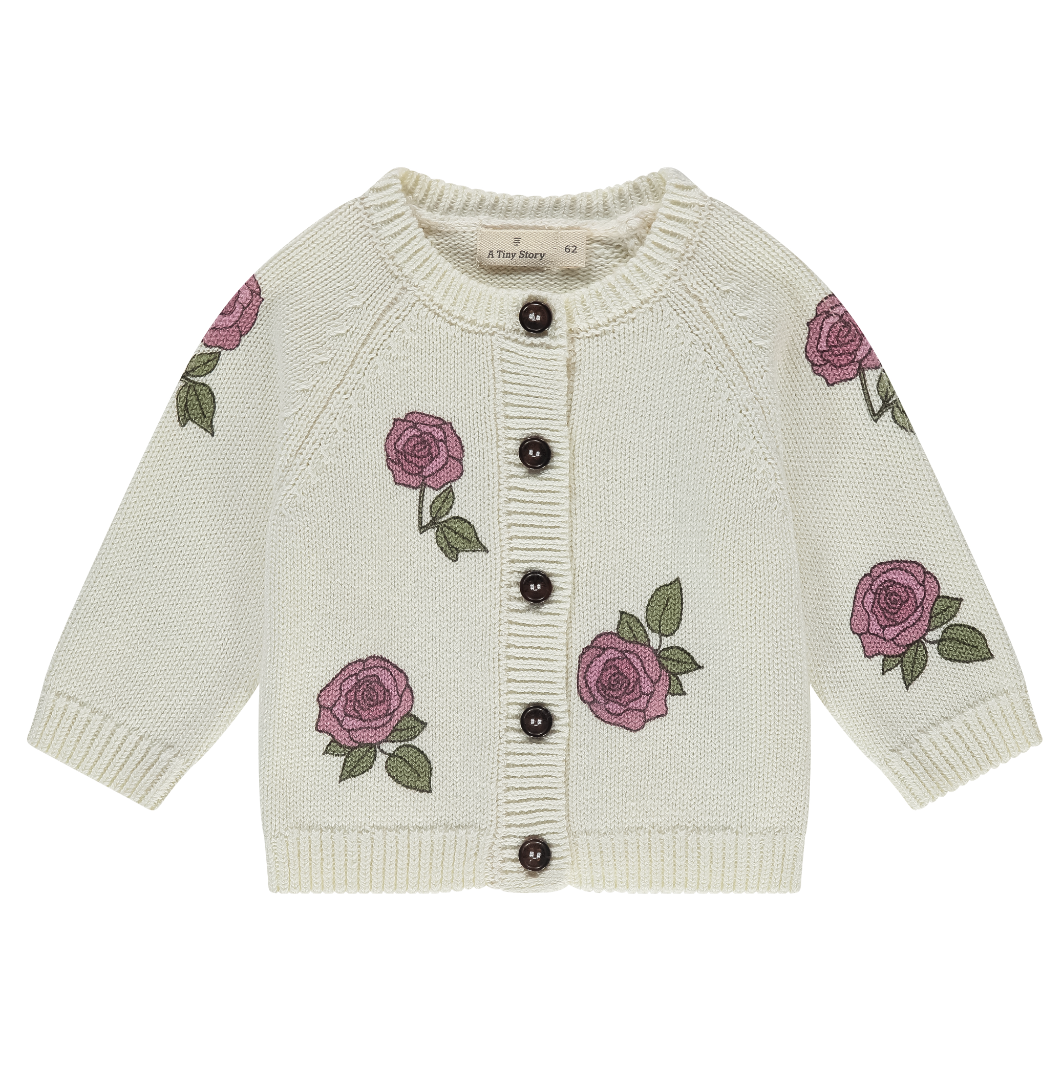 Knitted cardigan with rose patterns on a white background