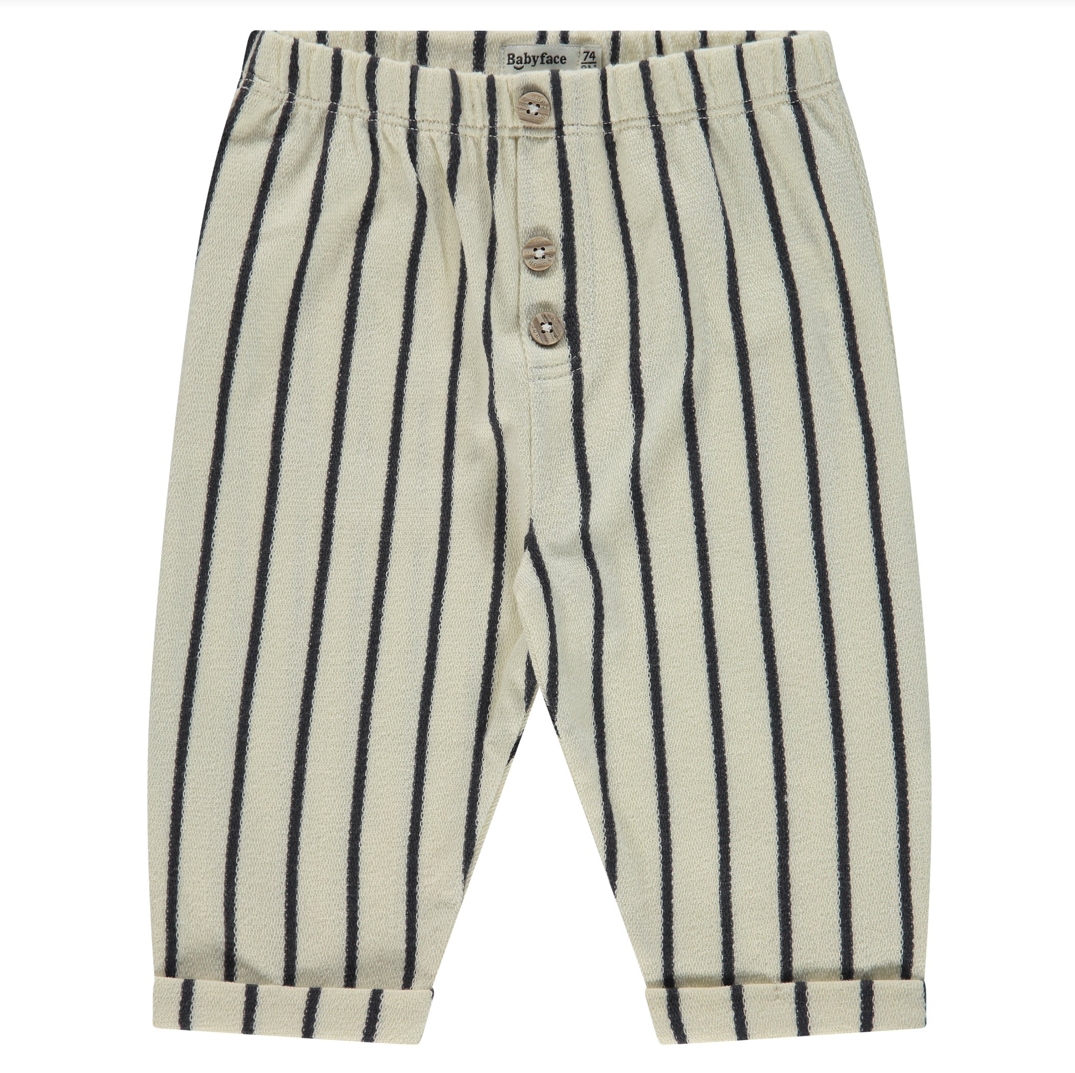 Black and white striped pants with buttons on a white background