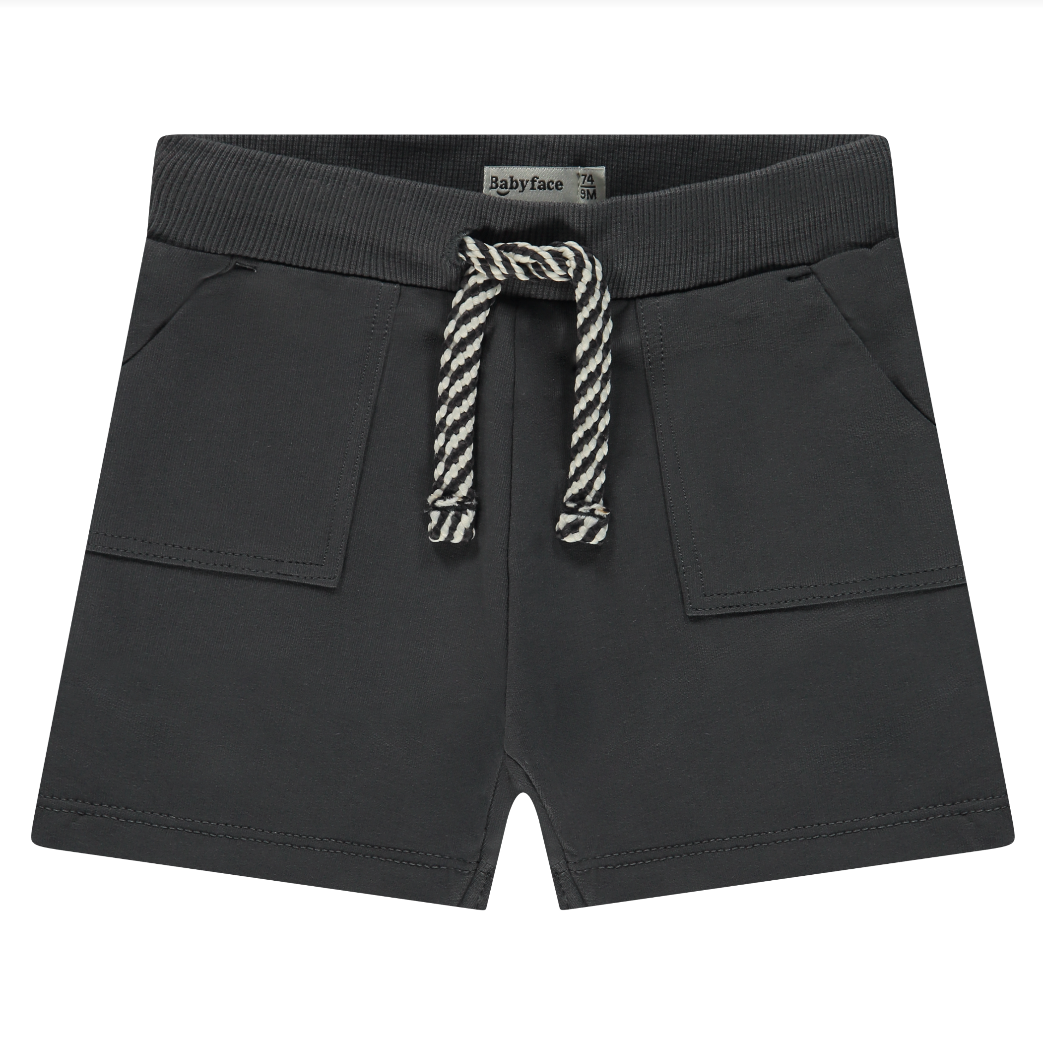 Dark gray shorts with a rope tie and pockets on a white background