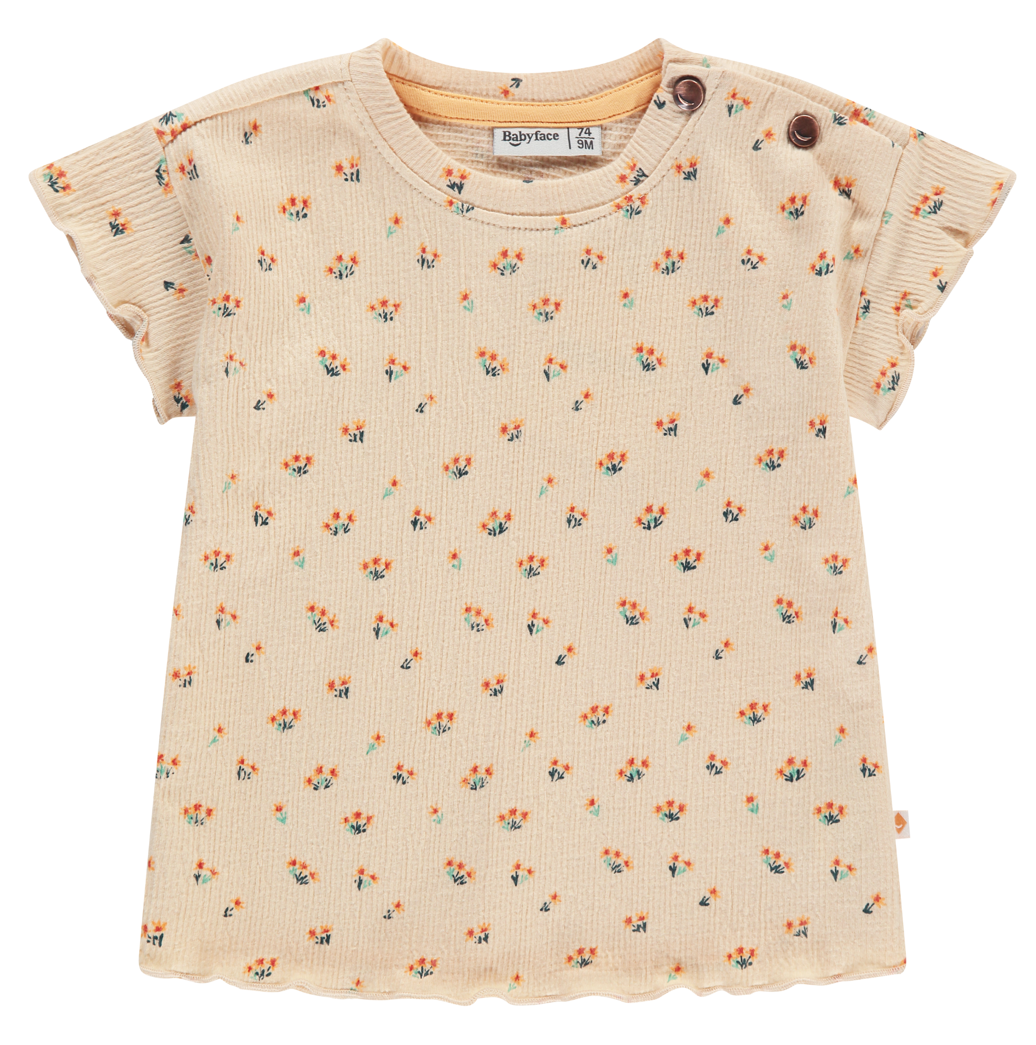 Beige baby t-shirt with floral pattern and button detailing on the shoulder on a white background