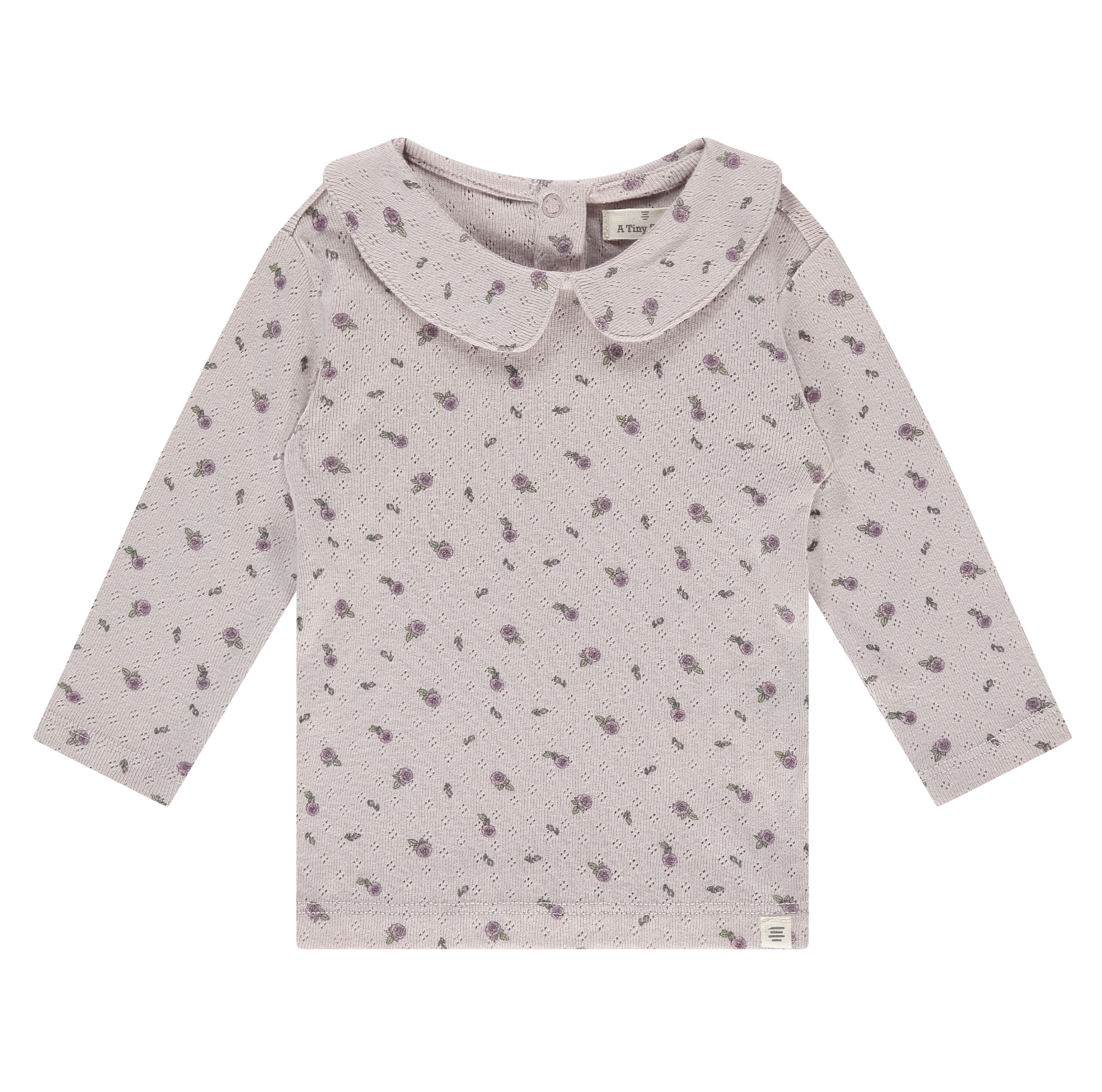 Purple long sleeve t-shirt with a collar and floral patterns on a white background