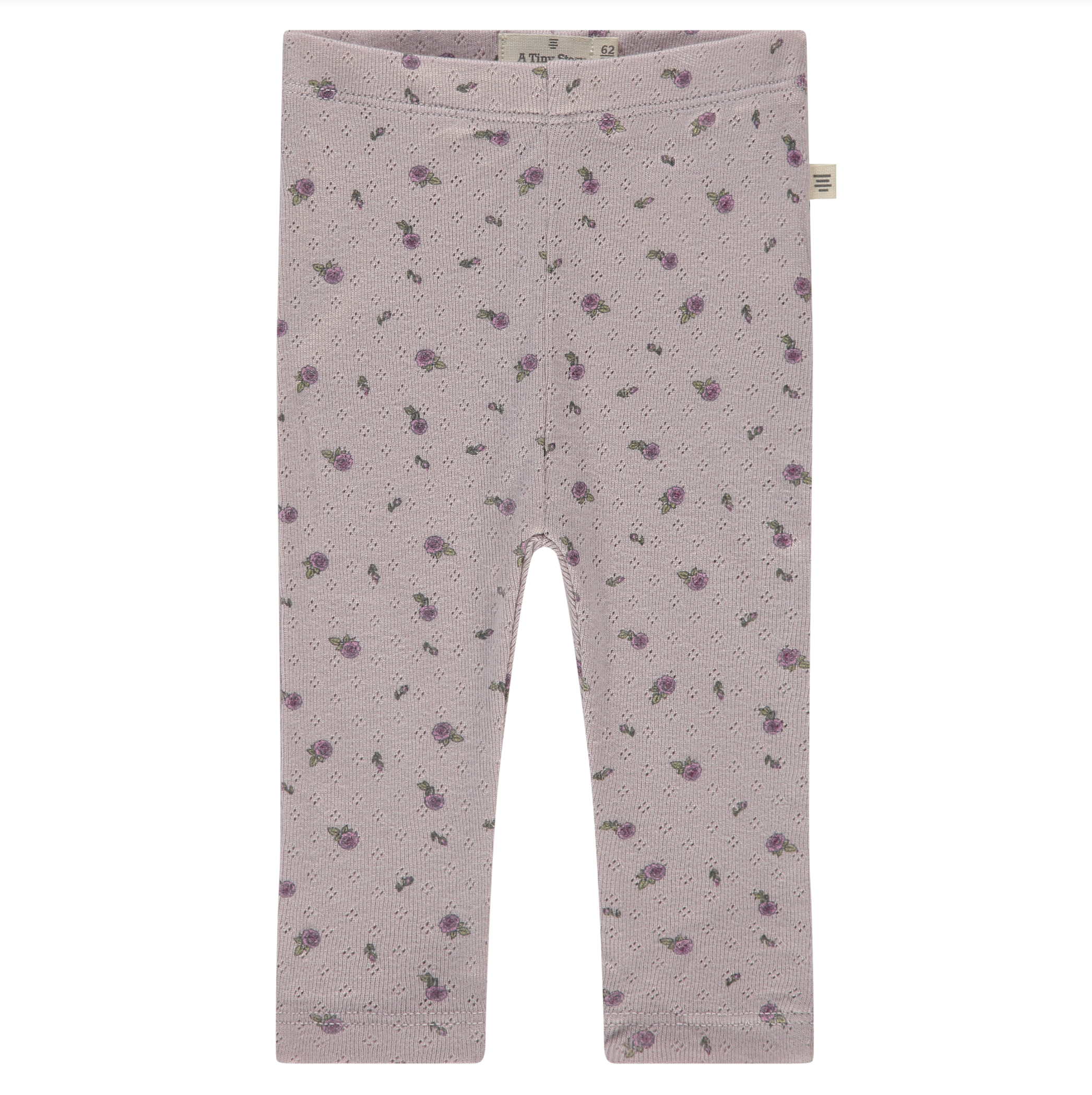 Purple leggings with a floral pattern on a white background
