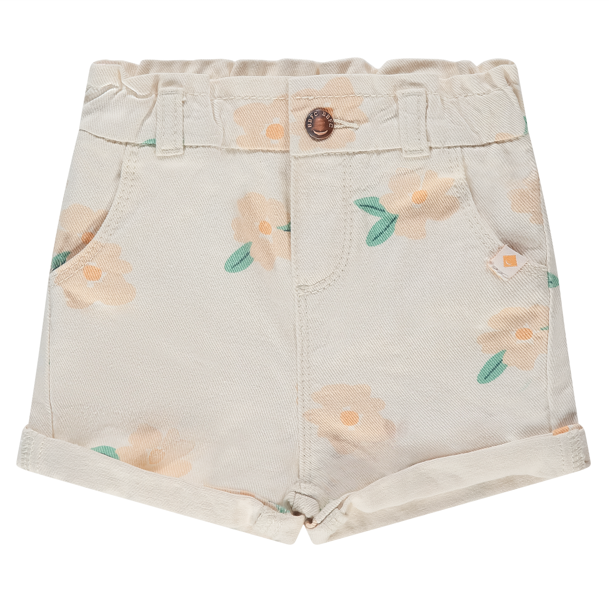 Denim shorts with floral pattern and gold button on a white background