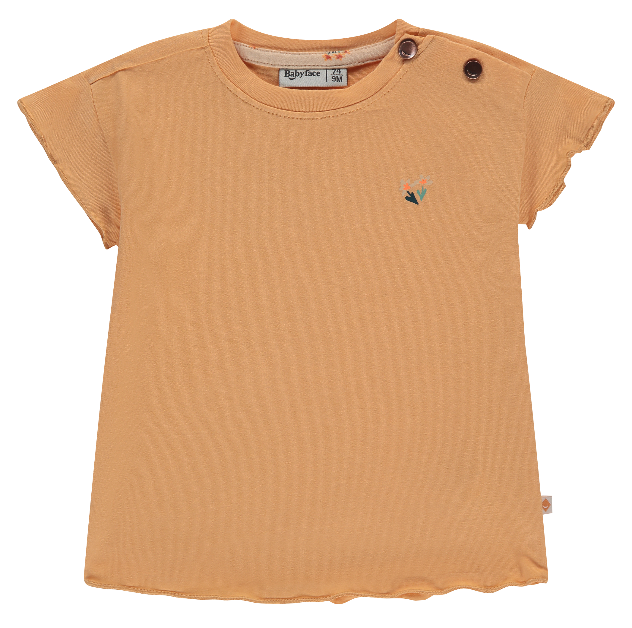 Light orange t-shirt with a small floral logo on a white background