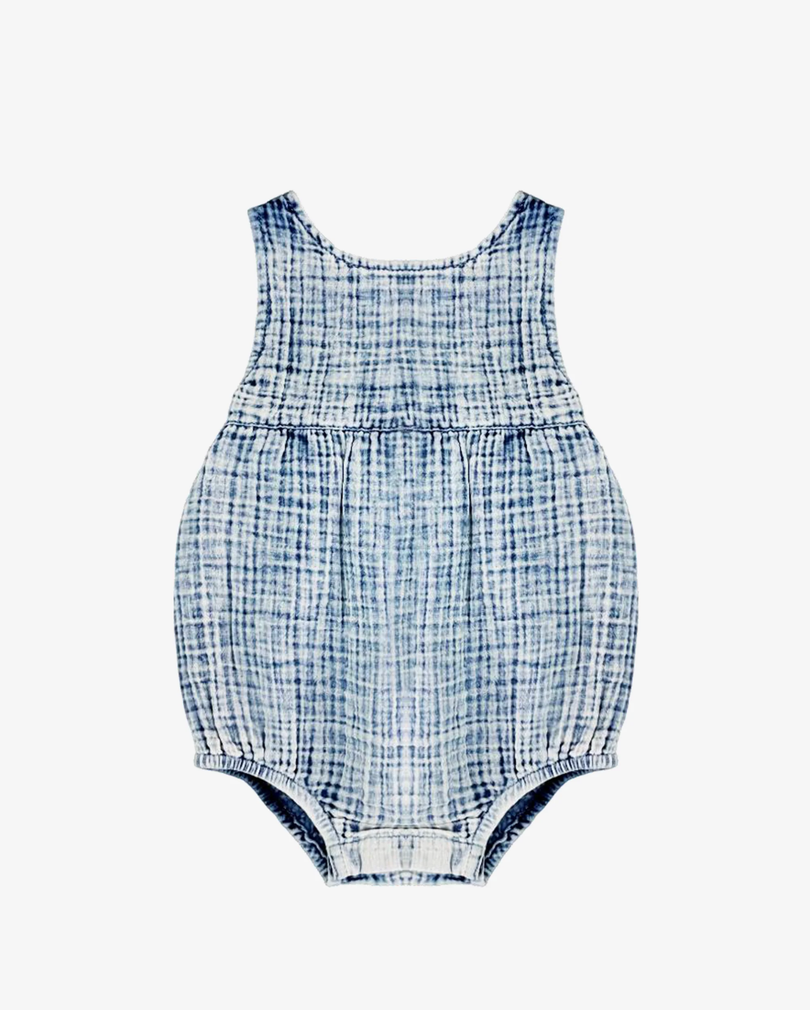 Blue washed baby romper on a white background