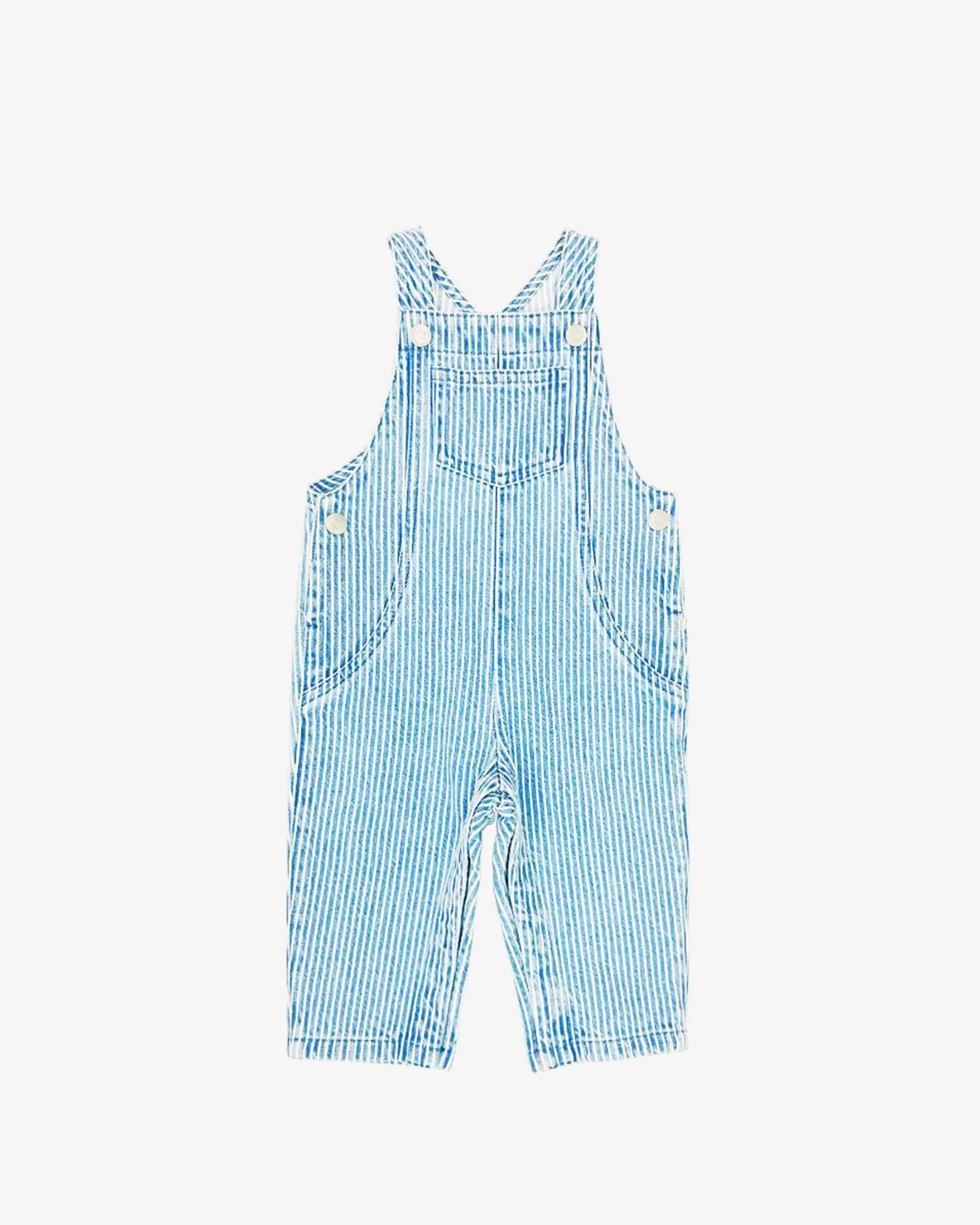 Blue and white striped overalls on a white background