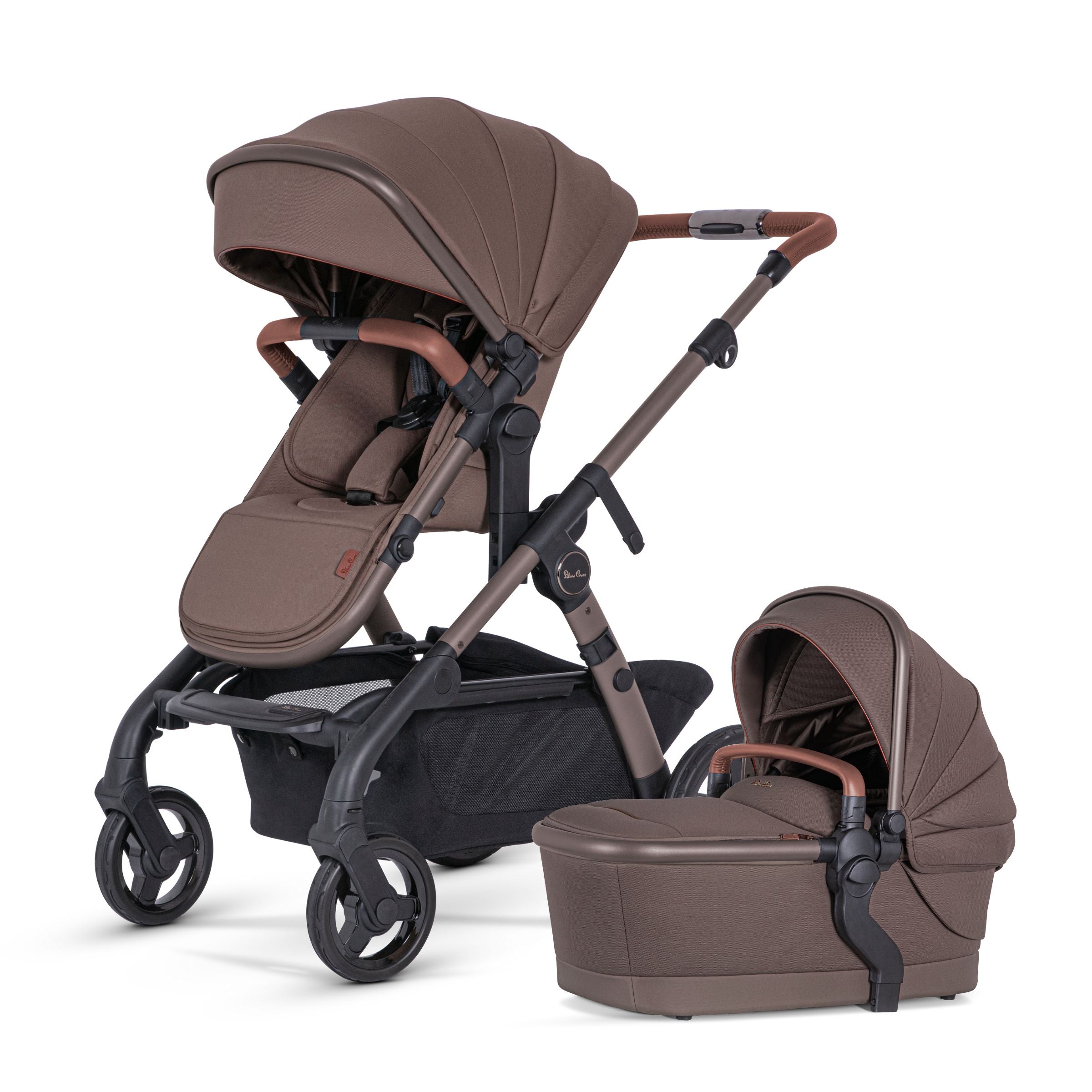 Brown stroller with matching car seat