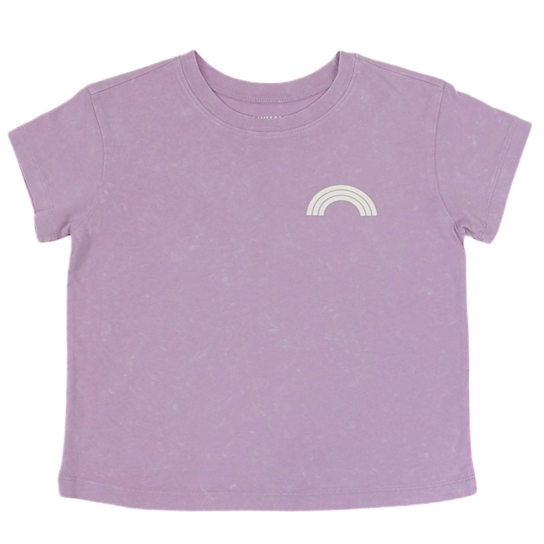 Purple t-shirt with a white rainbow design on a white background