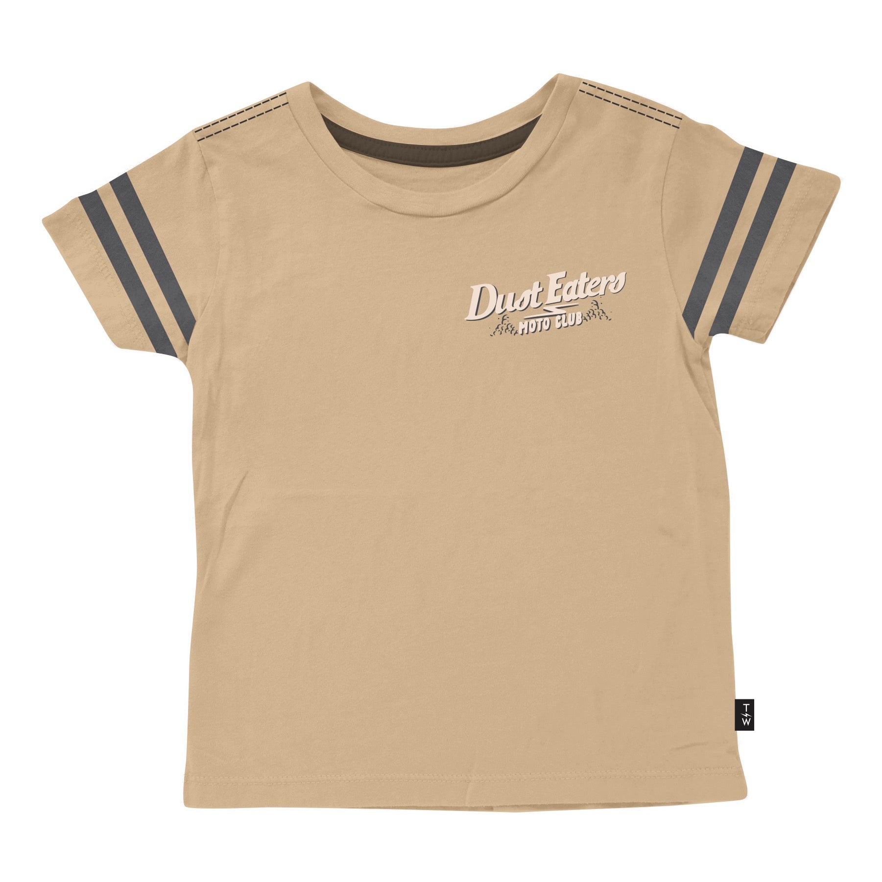 Beige t-shirt with 'Dust Eaters' logo on a white background