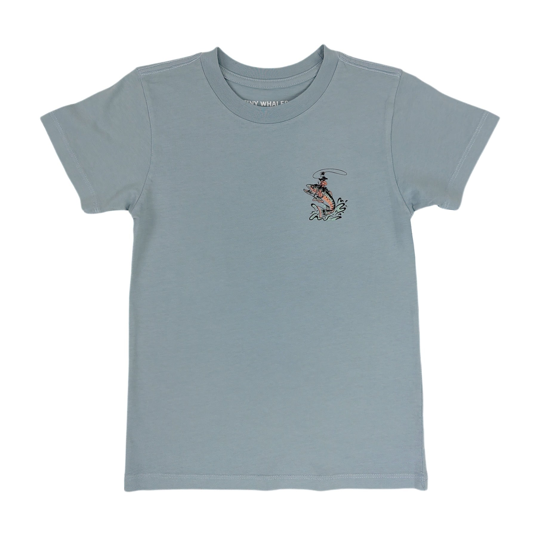 Light blue t-shirt with a small fish graphic on the chest against a white background