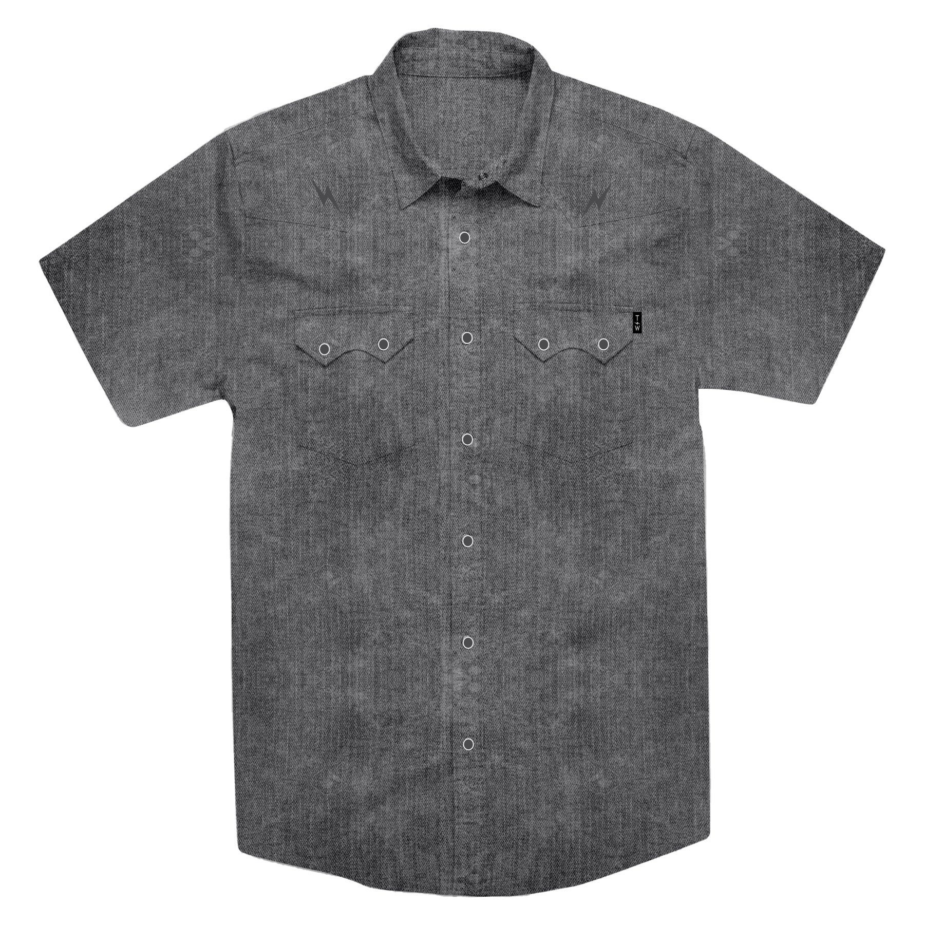 Gray short-sleeve button-up shirt with detailing on a white background
