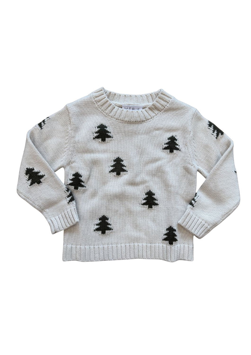 A cream-colored knit sweater with a pattern of small green pine trees, laid flat against a white background.