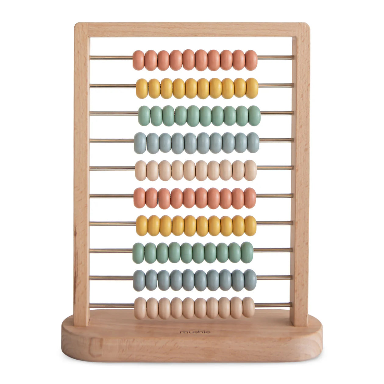 Wooden abacus with colorful beads on a white background