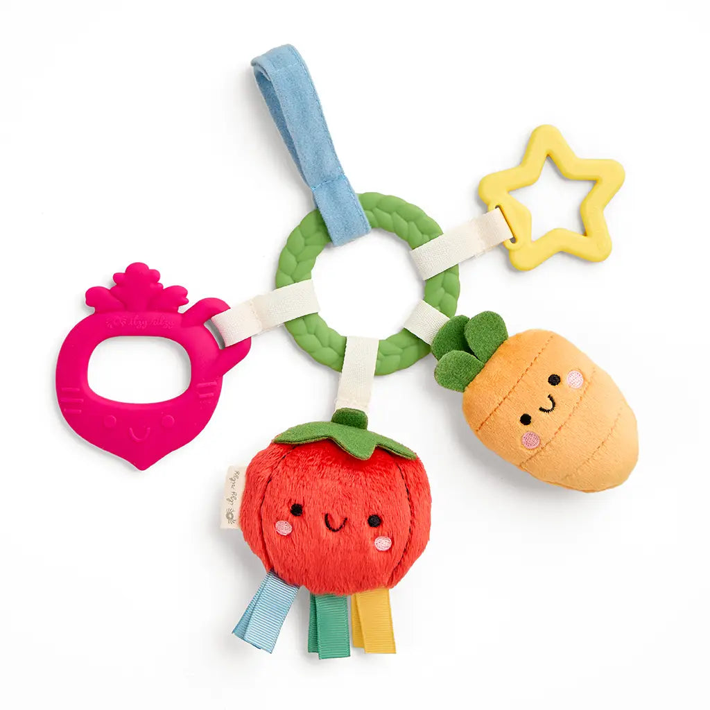 Colorful baby carseat ring with fruit-shaped toys on a white background