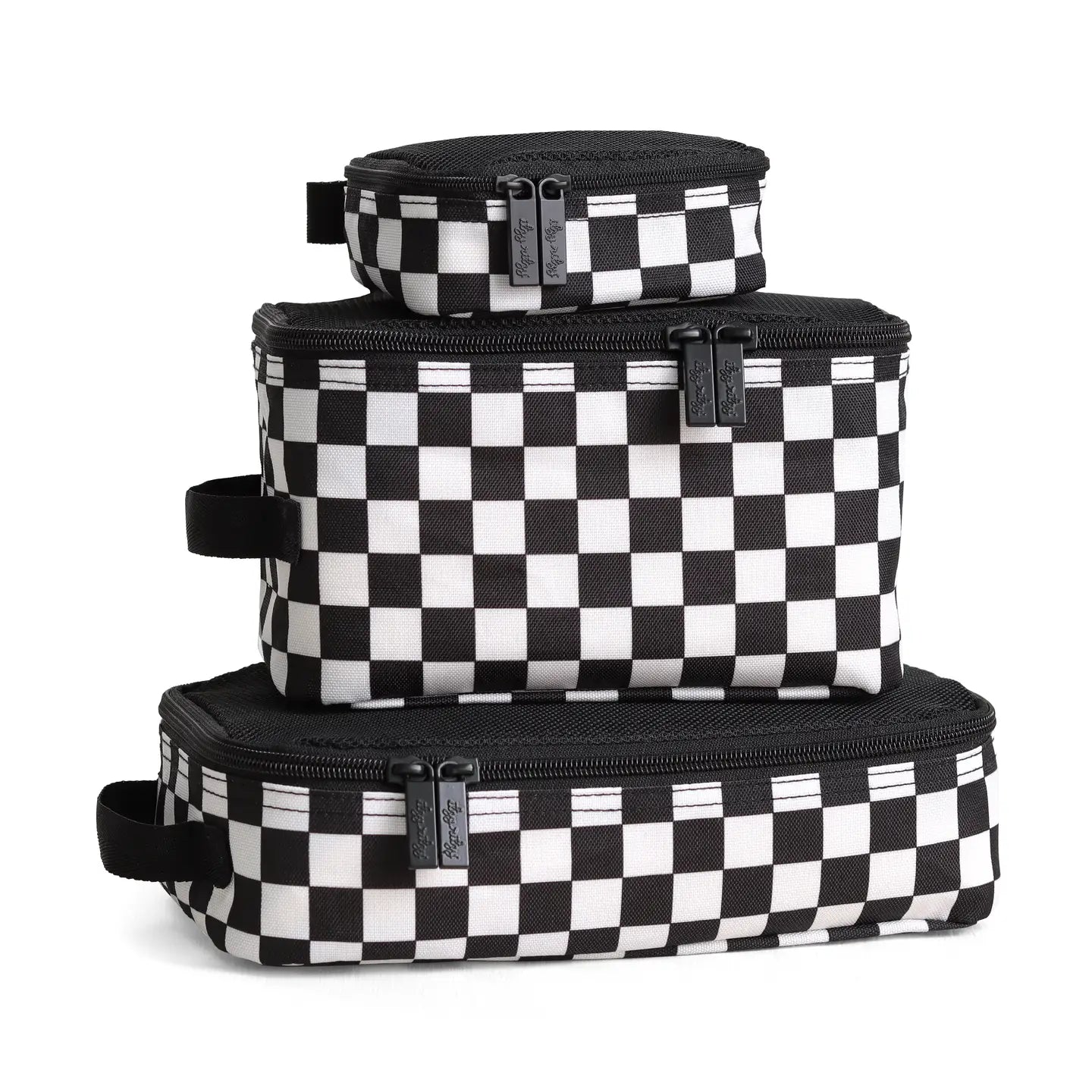 Set of three black and white checkered bags stacked on a white background