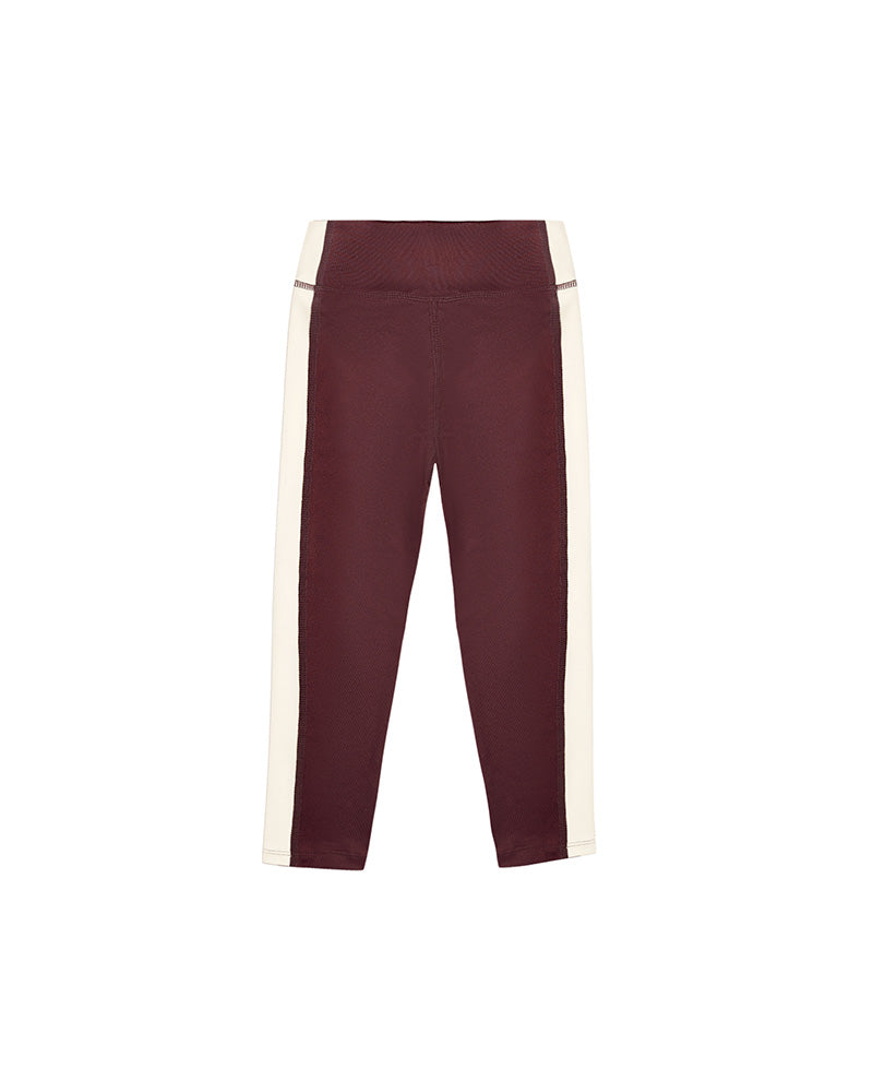 athletic burgundy legging with beige side stripe